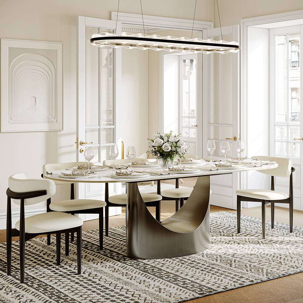 Angle. POVISON - 94"Hobart Modern Oval Dining Table for 8-10, White Oval Glossy Sintered Stone Kitchen Table, Gray Carbon Steel Base - White.