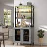 Aheaplus - 67'' Tall Wine Cabinet with LED Light and Power Strip, Liquor Cabinet with Glass Holder & Shelves - White Oak
