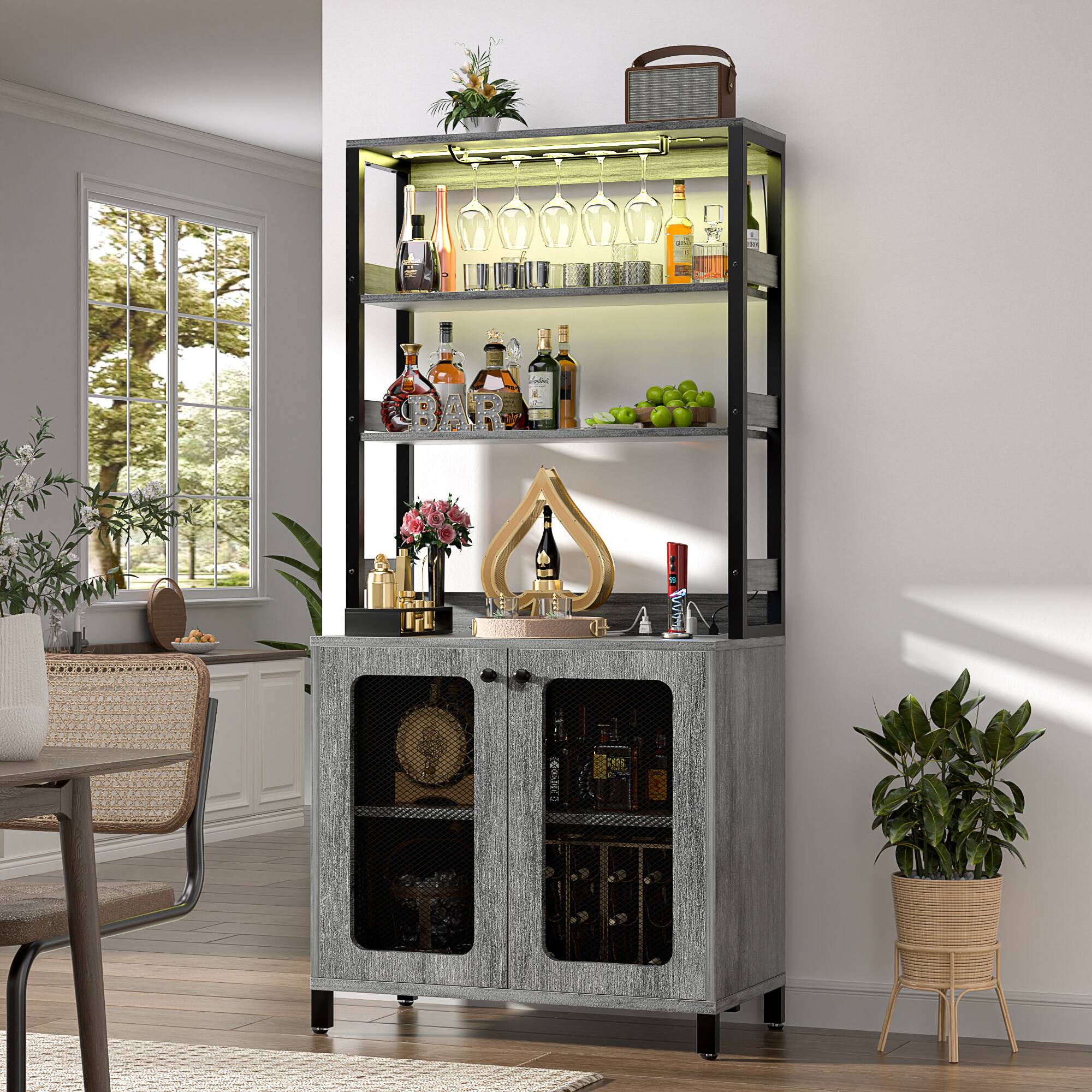 Front. Aheaplus - 67'' Tall Wine Cabinet with LED Light and Power Strip, Liquor Cabinet with Glass Holder & Shelves - White Oak.
