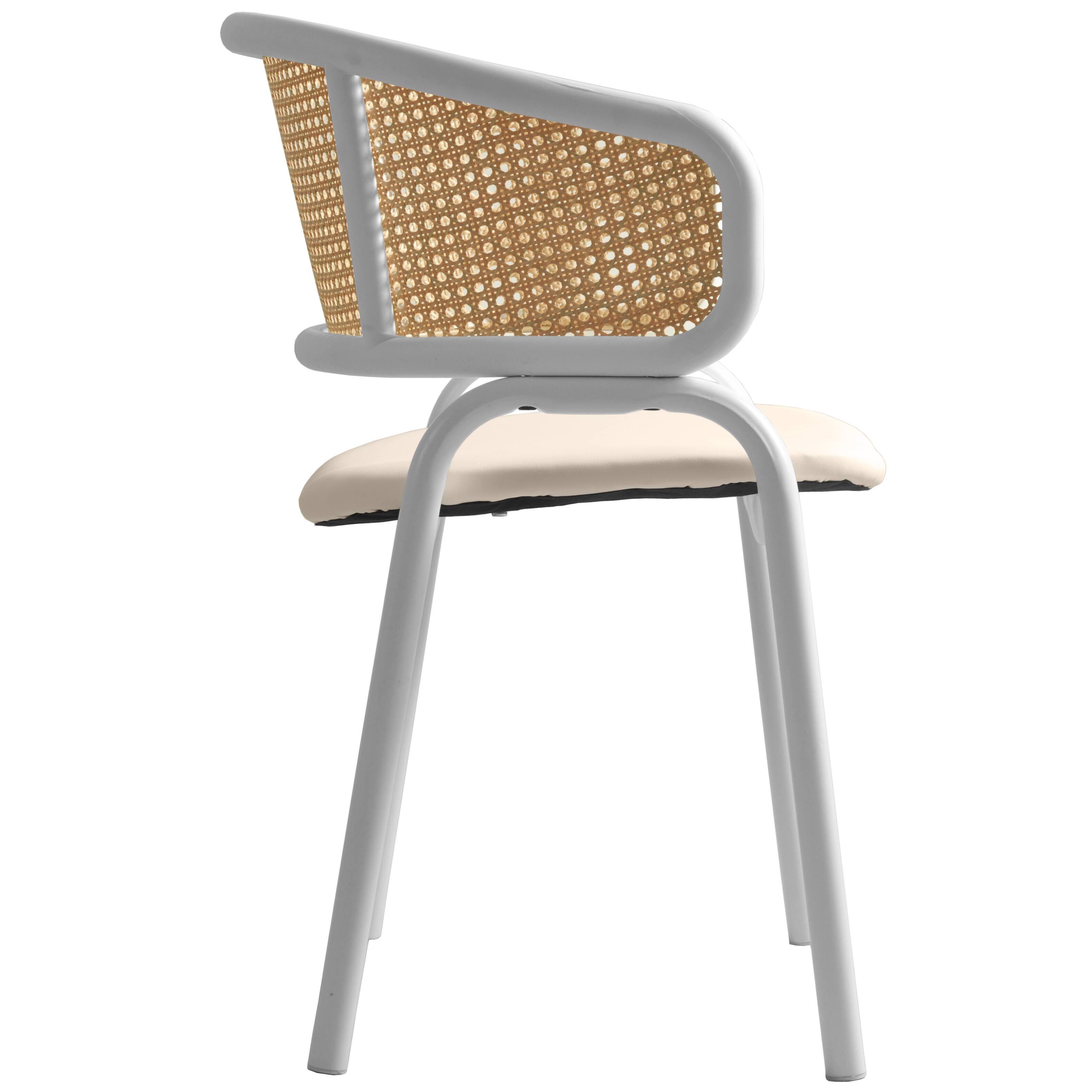 Alt View 4. LeisureMod - Ervilla Modern Rattan Dining Chair, Leather Upholstered Kitchen Side Accent Chair with White Metal Frame - White.