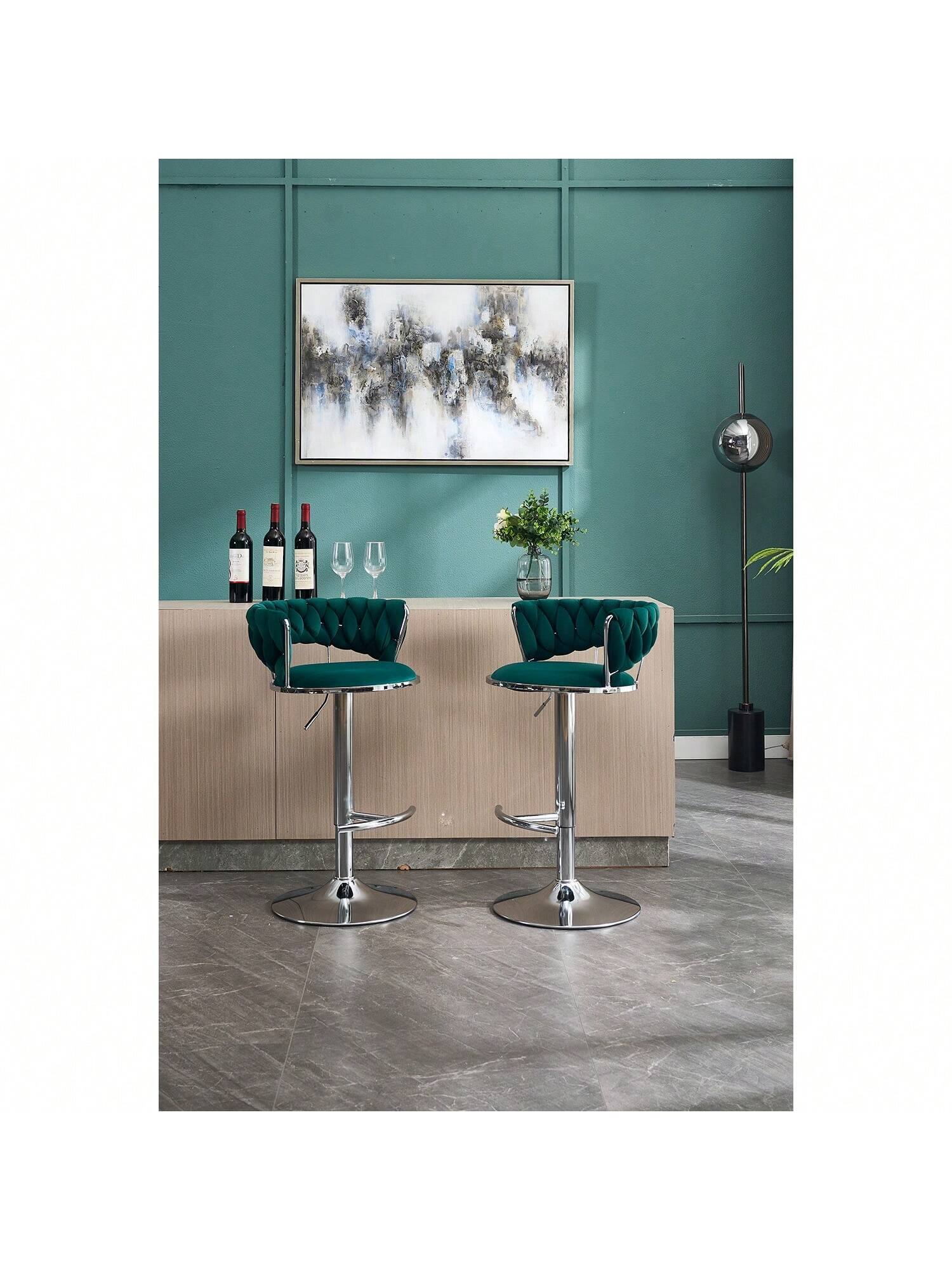 Alt View 1. Trinkets Crazed - Velvet Bar Stools Set Of 2, Modern Swivel Barstools With Woven Backrest, Adjustable Counter Stools - Green.