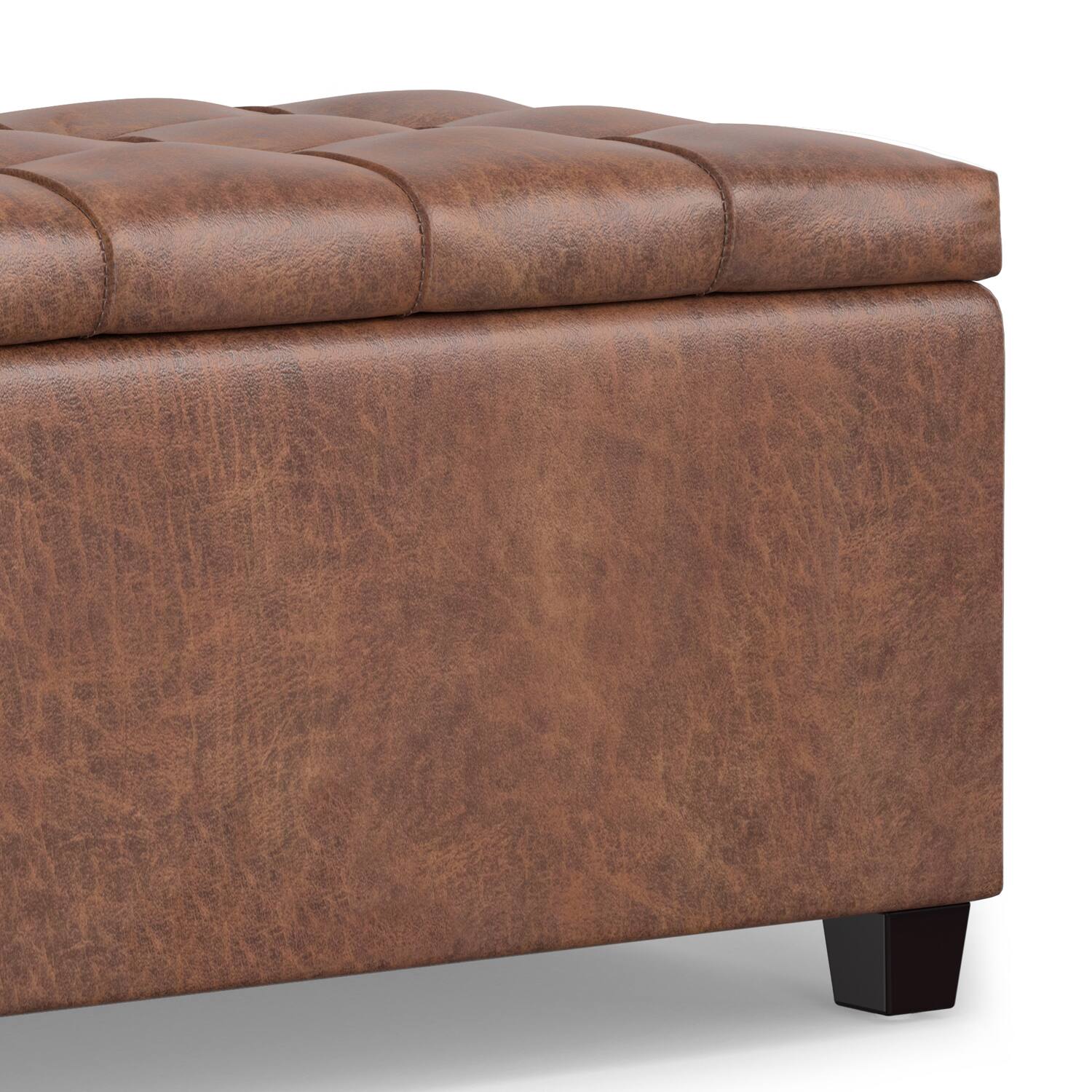 Alt View 6. Simpli Home - Sienna 33 inch Wide Storage Ottoman Bench in Distressed Saddle Brown Vegan Leather - Distressed Saddle Brown.