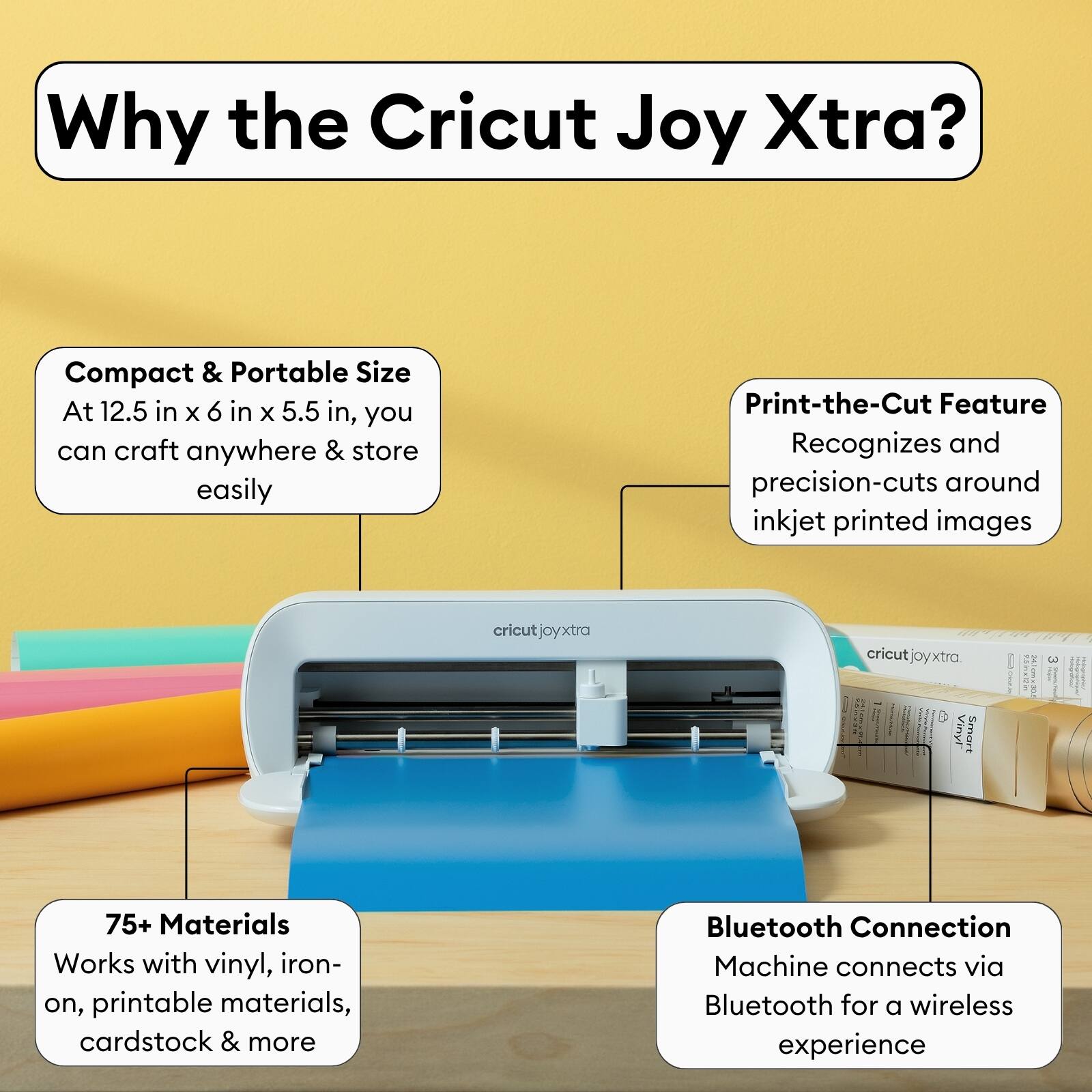 Why the Cricut Joy Xtra?  
Compact & Portable Size  
At 12.5 in x 6 in x 5.5 in, you can craft anywhere & store easily  

Print-the-Cut Feature  
Recognizes and precision-cuts around inkjet printed images  

75+ Materials  
Works with vinyl, iron-on, printable materials, cardstock & more  

Bluetooth Connection  
Machine connects via Bluetooth for a wireless experience