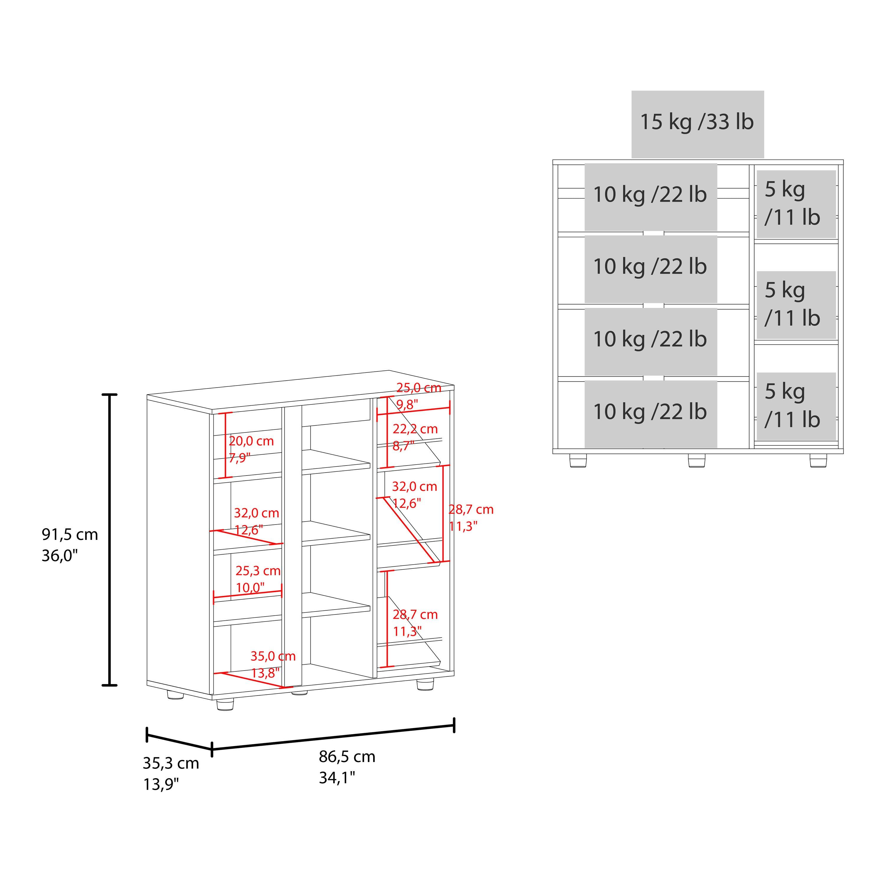 15 kg / 33 lb  
10 kg / 22 lb  
5 kg / 11 lb  
10 kg / 22 lb  
10 kg / 22 lb  
5 kg / 11 lb  

20.0 cm / 7.9"  
25.0 cm / 9.8"  
22.2 cm / 8.7"  
32.0 cm / 12.6"  
25.3 cm / 10.0"  
28.7 cm / 11.3"  
35.0 cm / 13.8"  
35.3 cm / 13.9"  
86.5 cm / 34.1"  

91.5 cm / 36.0"  
32.0 cm / 12.6"  
28.7 cm / 11.3"  
35.0 cm / 13.8"  
35.3 cm / 13.9"