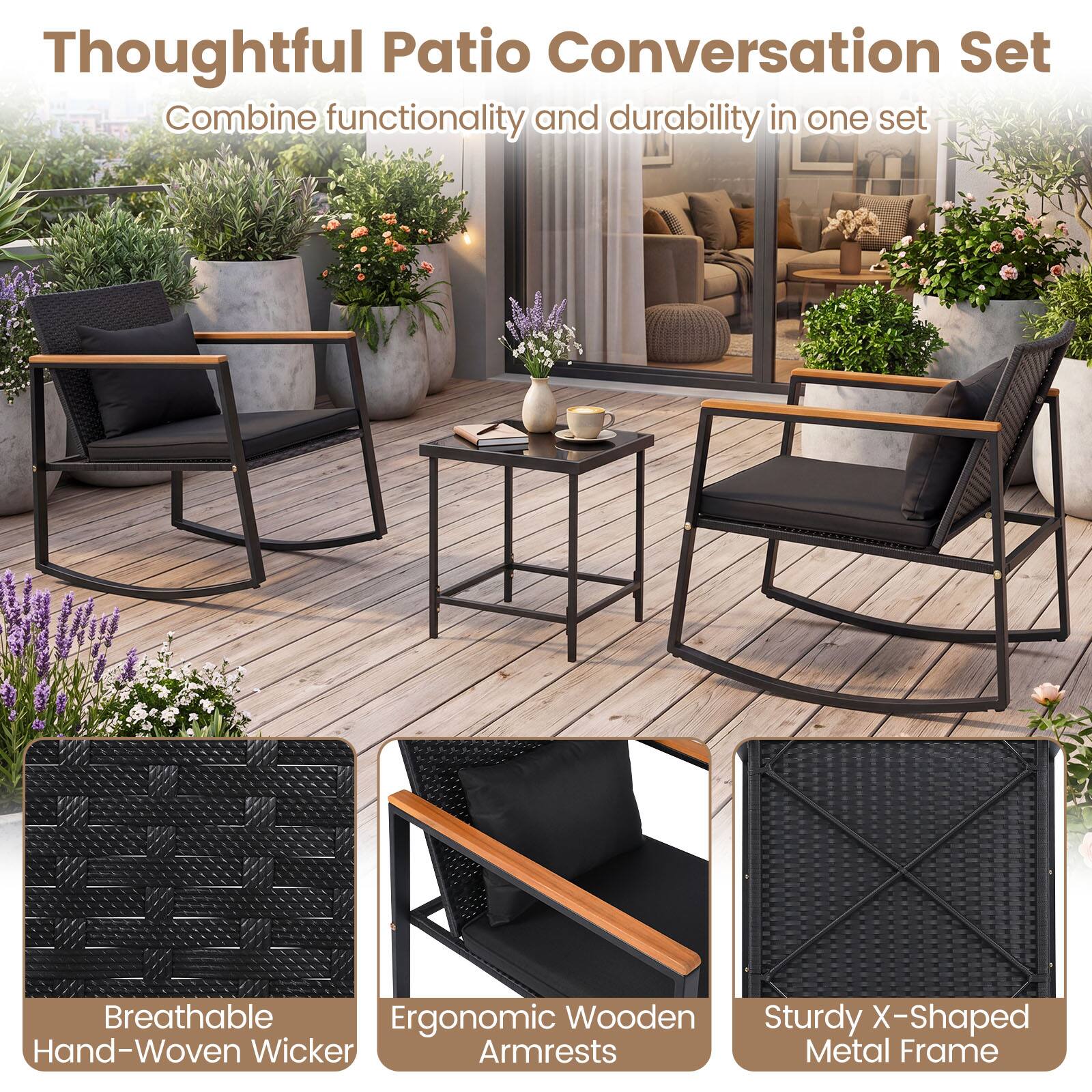Thoughtful Patio Conversation Set  
Combine functionality and durability in one set  
Breathable Ergonomic Wooden Hand-Woven Wicker Armrests  
Sturdy X-Shaped Metal Frame