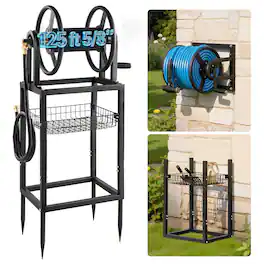 VEVOR - Freestanding Garden Hose Reel, Holds 125 Feet of 5/8-inch Hose, Wall Mount or Ground Mount, Detachable Holder Stand - Black