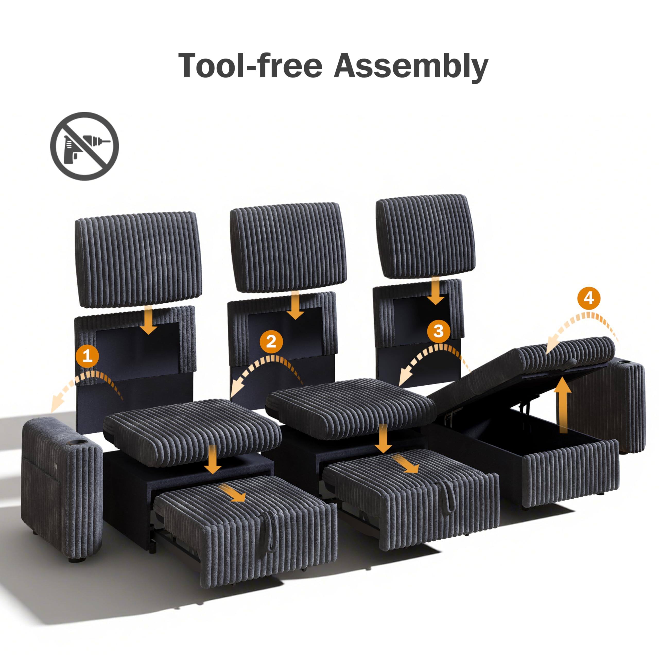 Tool-free Assembly

1. Place the seat cushion on the base.
2. Attach the backrest to the seat cushion.
3. Insert the armrests into the designated slots.
4. Attach the headrest to the top of the backrest.