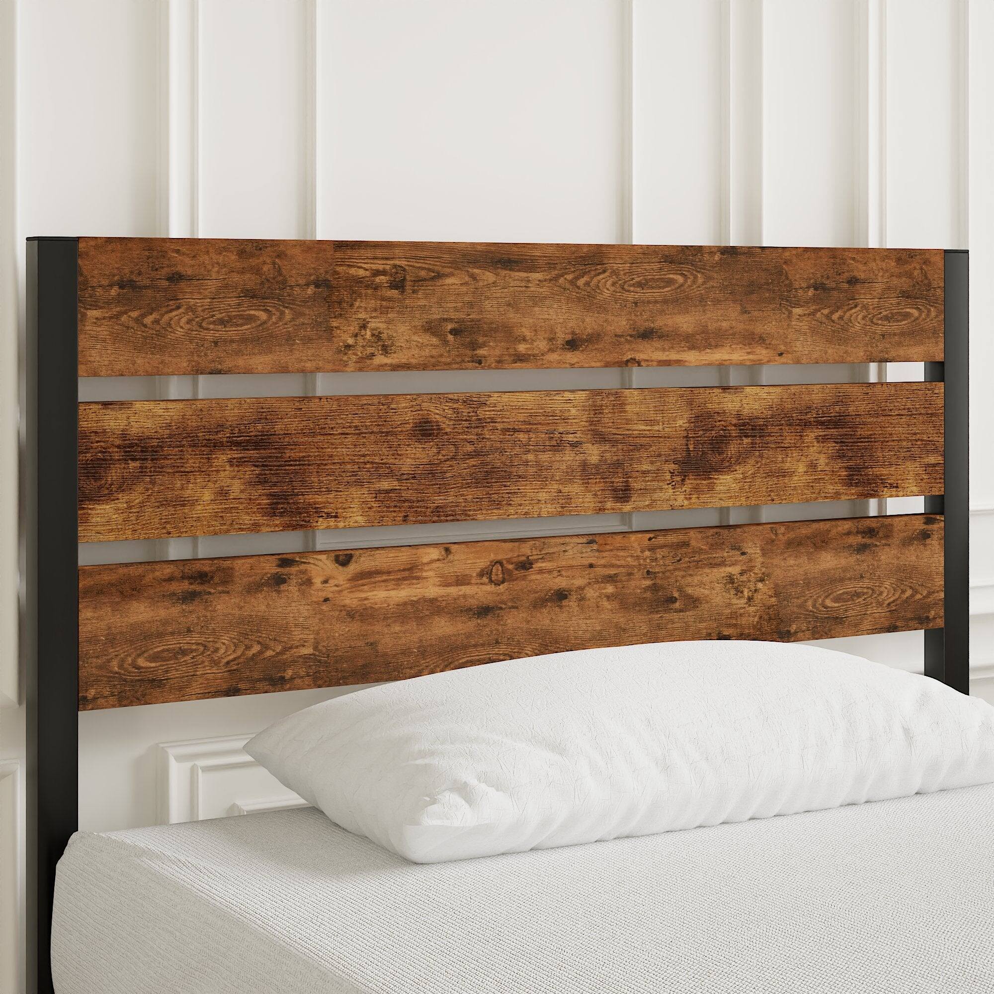 Alt View 4. Vecelo - Queen Size Bed Frame with Wood Headboard, Metal Frame, Noise-Free Industrial Bed, Full & Twin Options, Platform Bed - Brown.