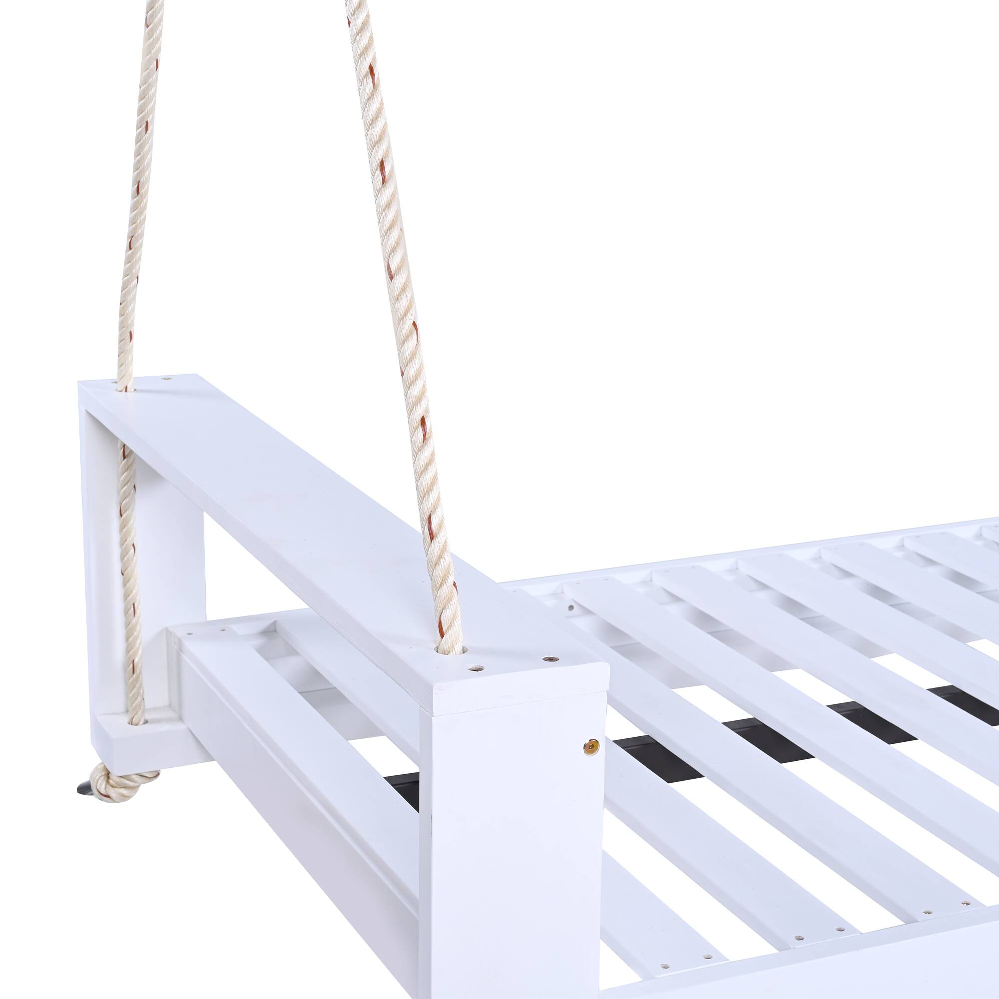 Alt View 5. GOODSILO - Twin Size Porch Swing Bed - Acacia Wood Swing Frame with Hemp Ropes for Garden & Backyard - White.