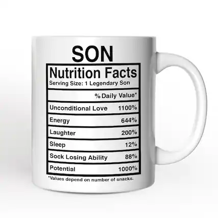 SON
Nutrition Facts
Serving Size: 1 Legendary Son
% Daily Value*
Unconditional Love 1100%
Energy 644%
Laughter 200%
Sleep 12%
Sock Losing Ability 88%
Potential 1000%
*Values depend on number of snacks.