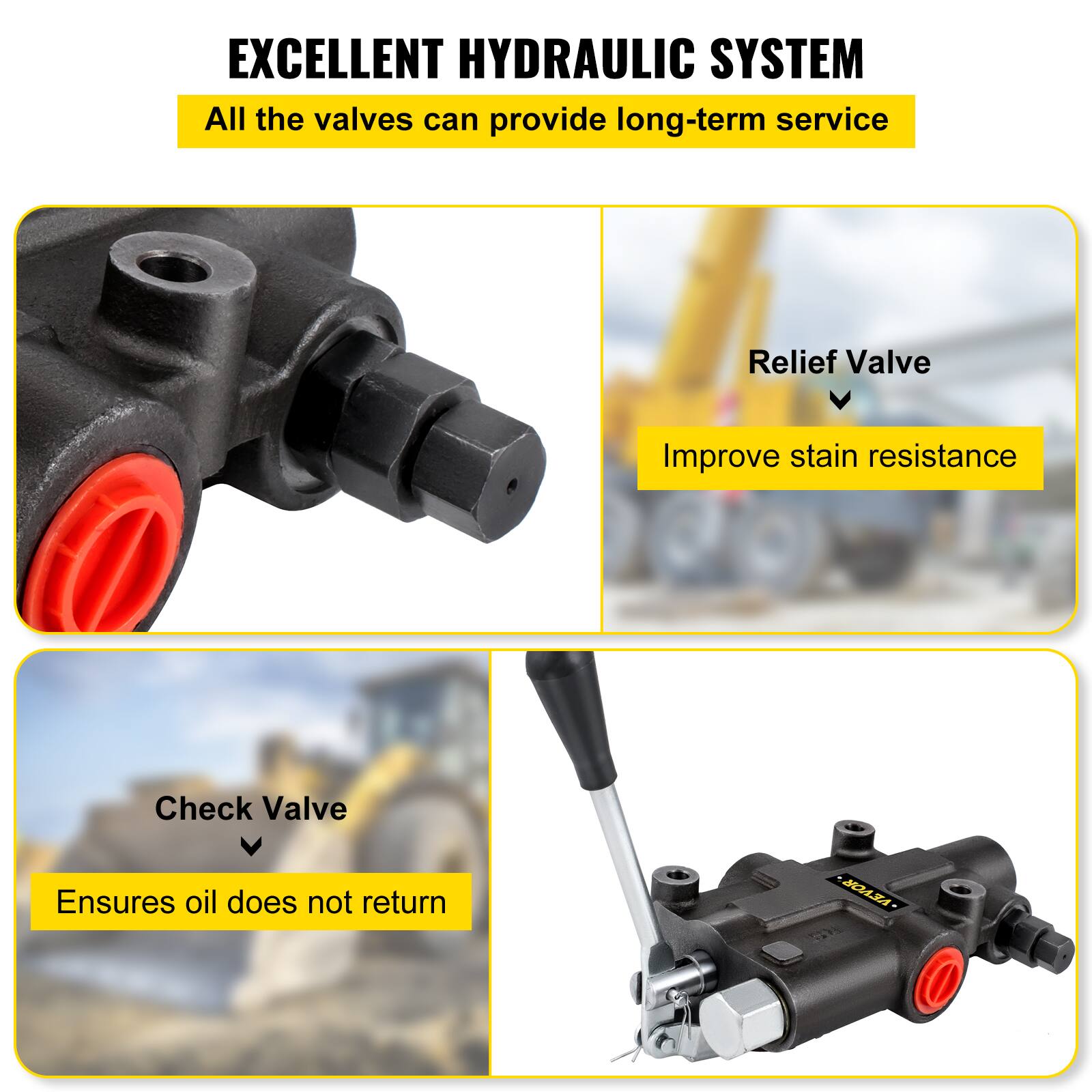 EXCELLENT HYDRAULIC SYSTEM  
All the valves can provide long-term service  

Relief Valve  
Improve stain resistance  

Check Valve  
Ensures oil does not return