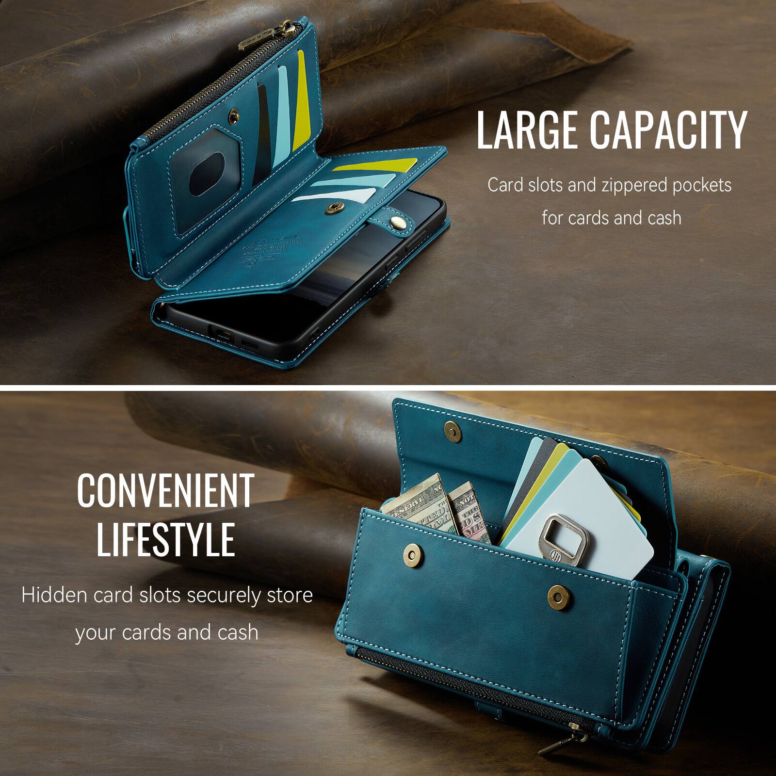 LARGE CAPACITY  
Card slots and zippered pockets for cards and cash

CONVENIENT LIFESTYLE  
Hidden card slots securely store your cards and cash