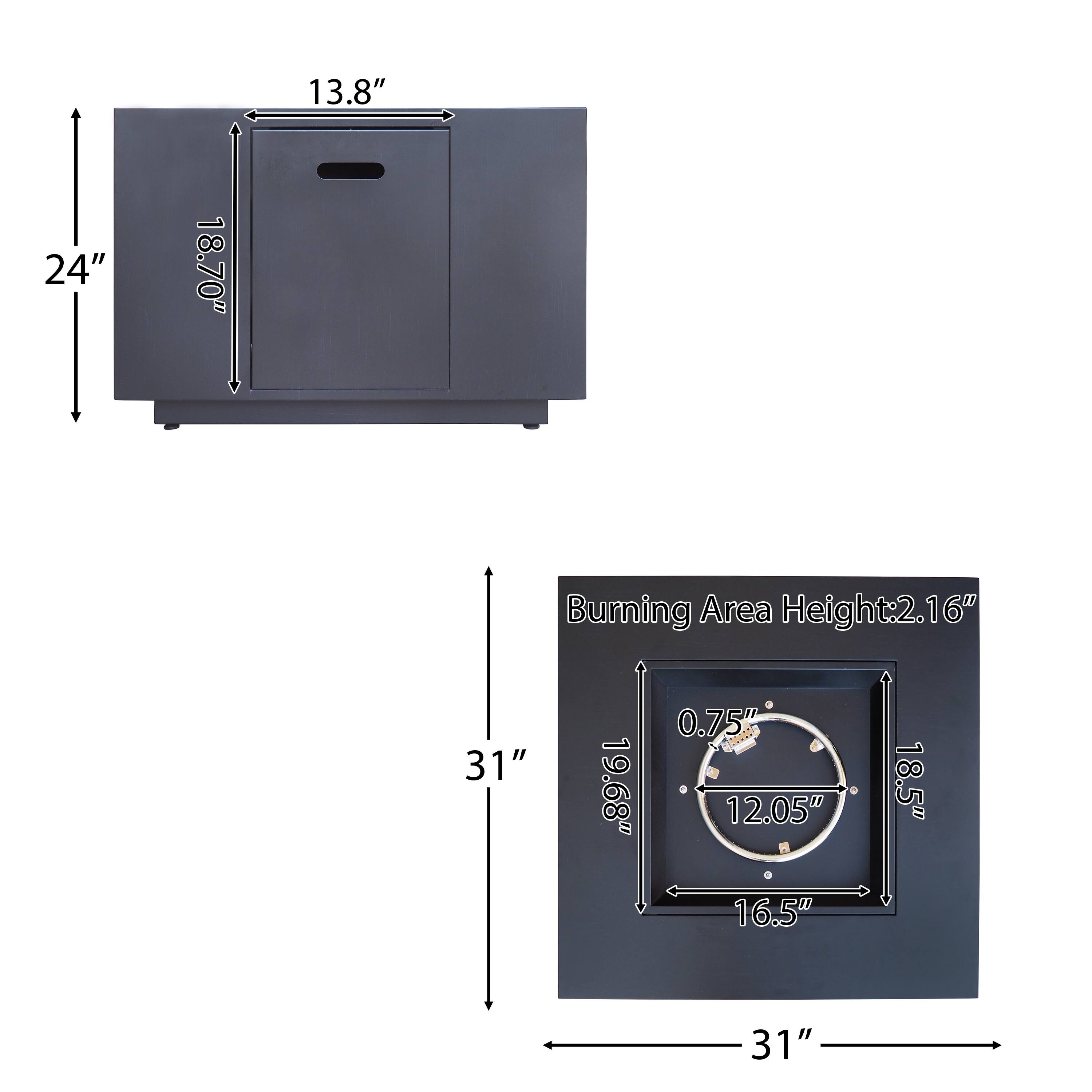 Sure, here is the corrected and grouped text from the image:

**Dimensions:**
- Height: 24"
- Width: 18.70"
- Depth: 13.8"
- Burning Area Height: 2.16"
- Burning Area Width: 19.68"
- Burning Area Depth: 0.75"
- Burning Area Diameter: 12.05"
- Burning Area Width: 16.5"
- Burning Area Depth: 18.5"
- Overall Width: 31"
- Overall Depth: 31"