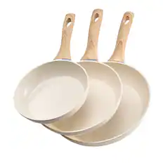 Front. VEVOR - Aluminum Frying Pan Set, Nonstick Ceramic Skillets, 3 Sizes (8, 9.5, 11 in), Durable Cookware - Light Apricot.