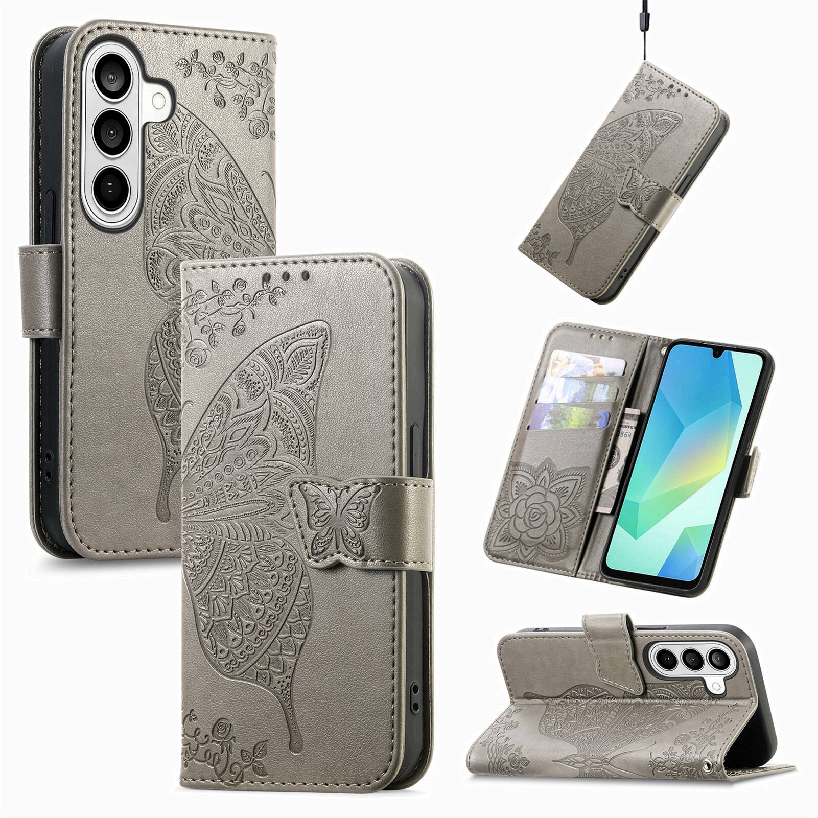 Angle. Dteck - Wallet Case for Samsung Galaxy A56, Embossed Butterfly Pattern Leather Card Slots Flip Stand Cover+Strap - Gray.