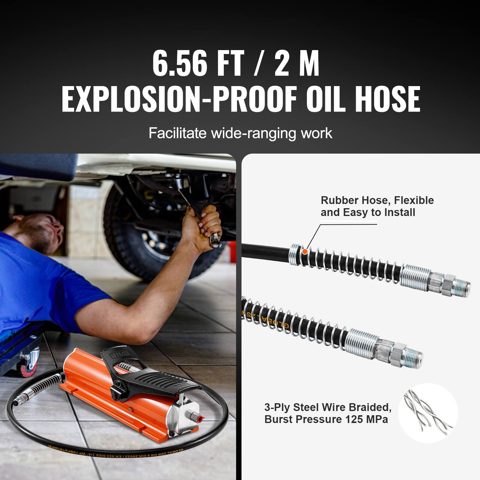 6.56 FT / 2 M EXPLOSION-PROOF OIL HOSE

Facilitate wide-ranging work

Rubber Hose, Flexible and Easy to Install

3-Ply Steel Wire Braided, Burst Pressure 125 MPa