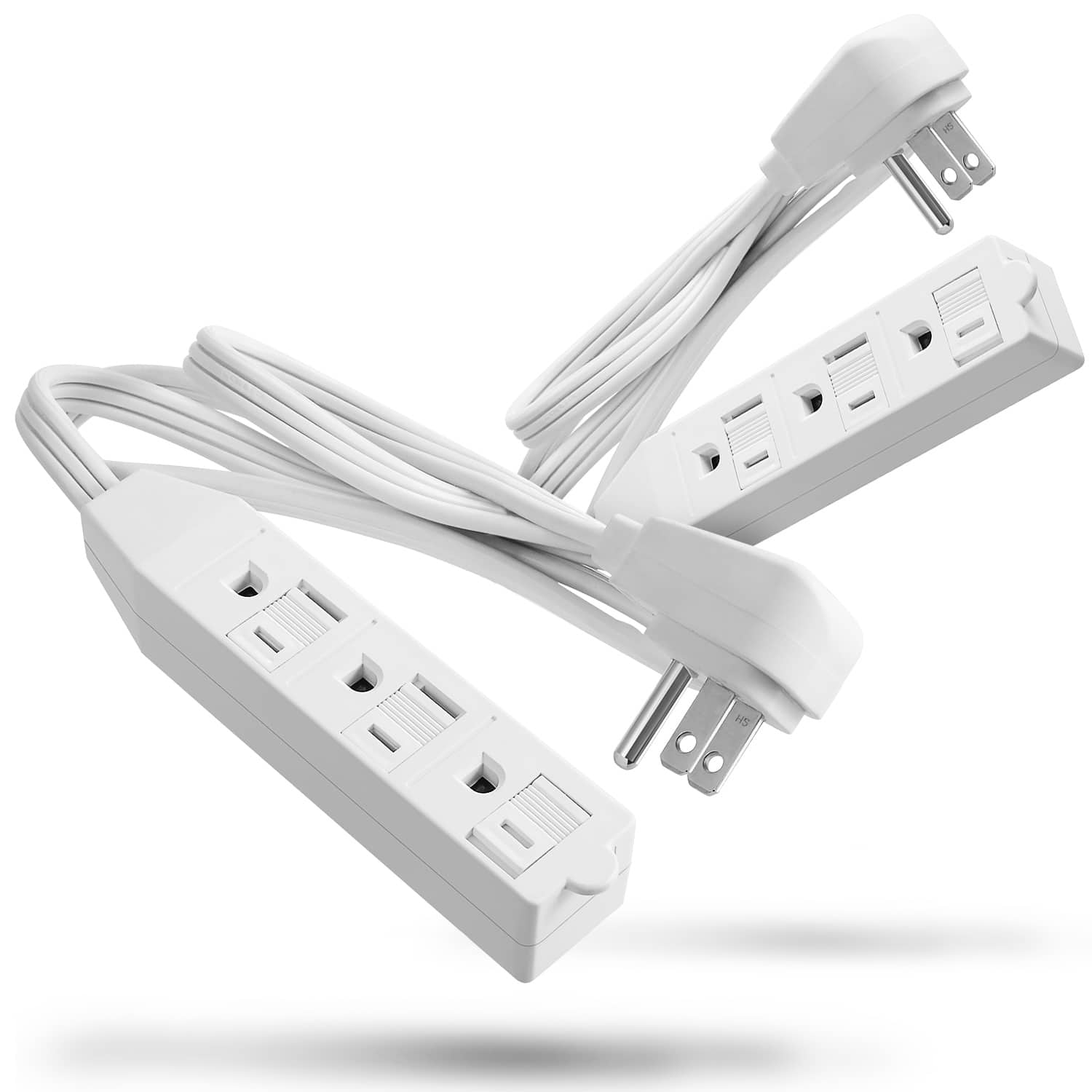 FosPower - 2 Pack 3-Outlet Extension Cord Outlet Plug Covers, 3ft Flat Plug Outlet Extender, 3-Prong Grounded Outlet, ETL Listed - White