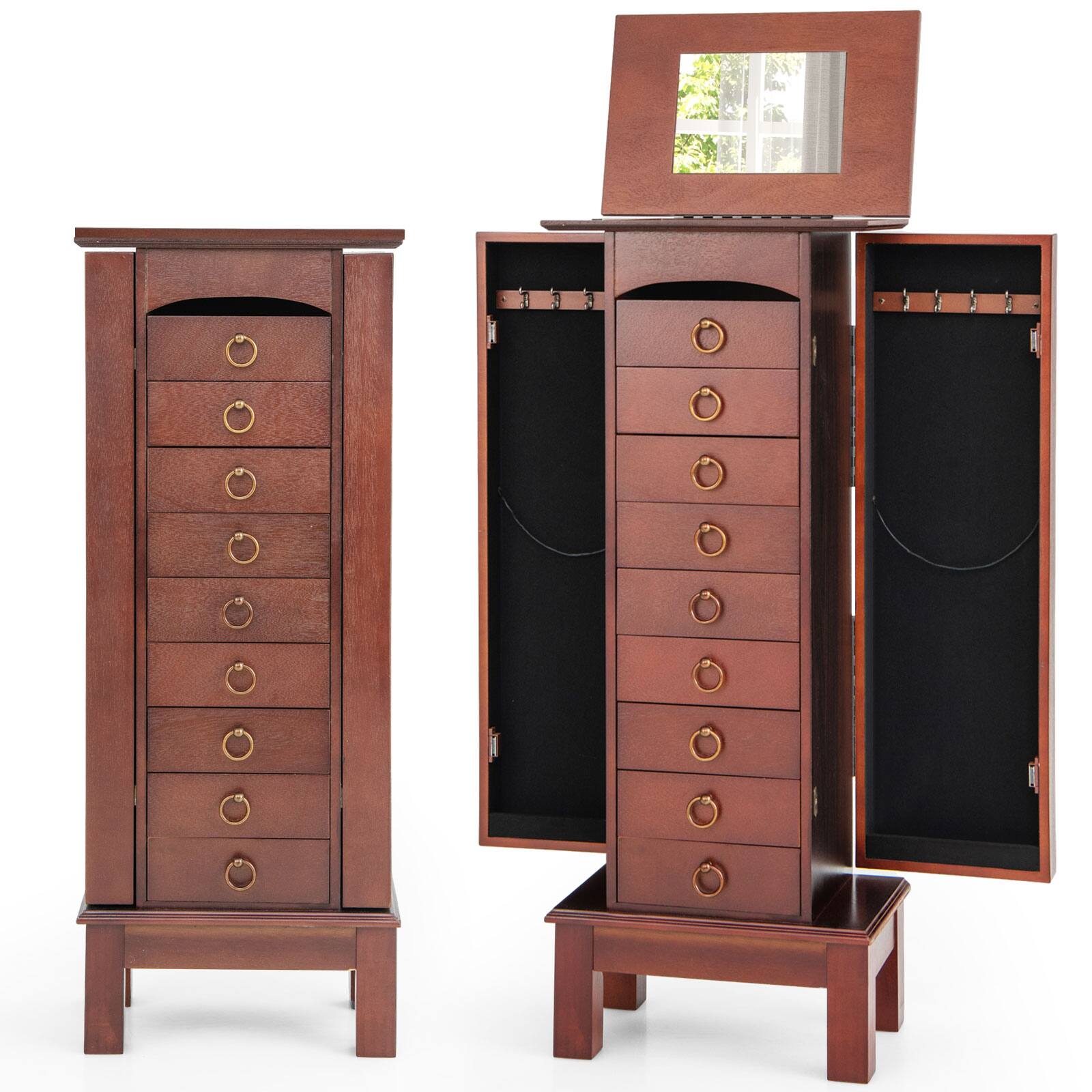 Alt View 17. Costway - Wood Jewelry Cabinet Armoire Storage Box Chest Stand Organizer Indoor Bedroom - Brown.