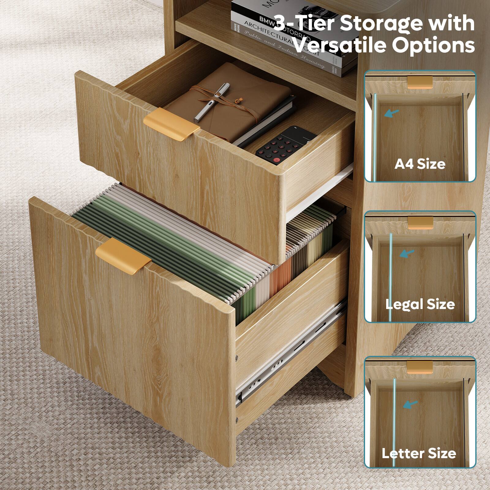 The text on the image reads: "3-Tier Storage with Versatile Options: A4 Size, Legal Size, Letter Size."