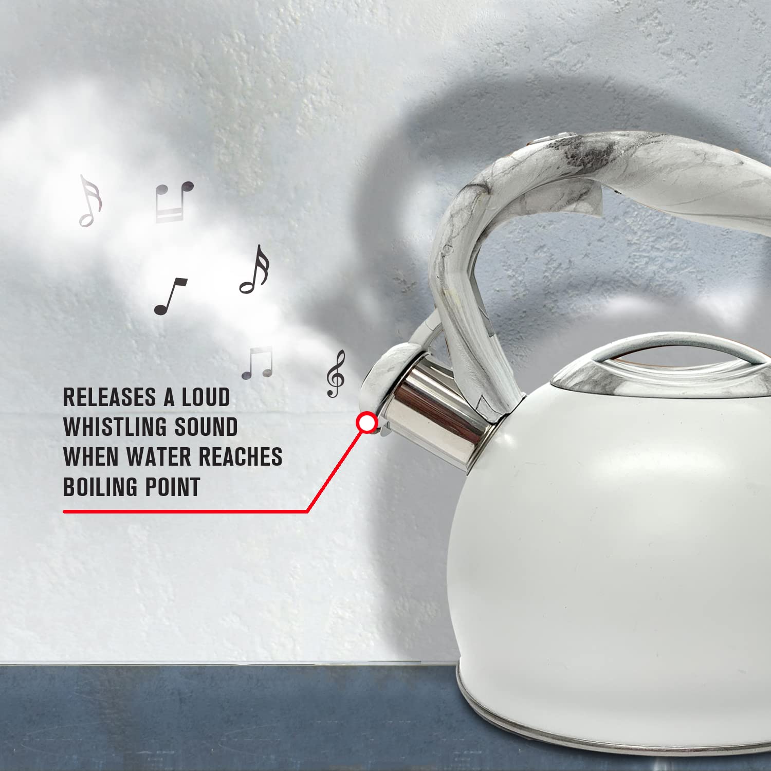 RELEASES A LOUD WHISTLING SOUND WHEN WATER REACHES BOILING POINT