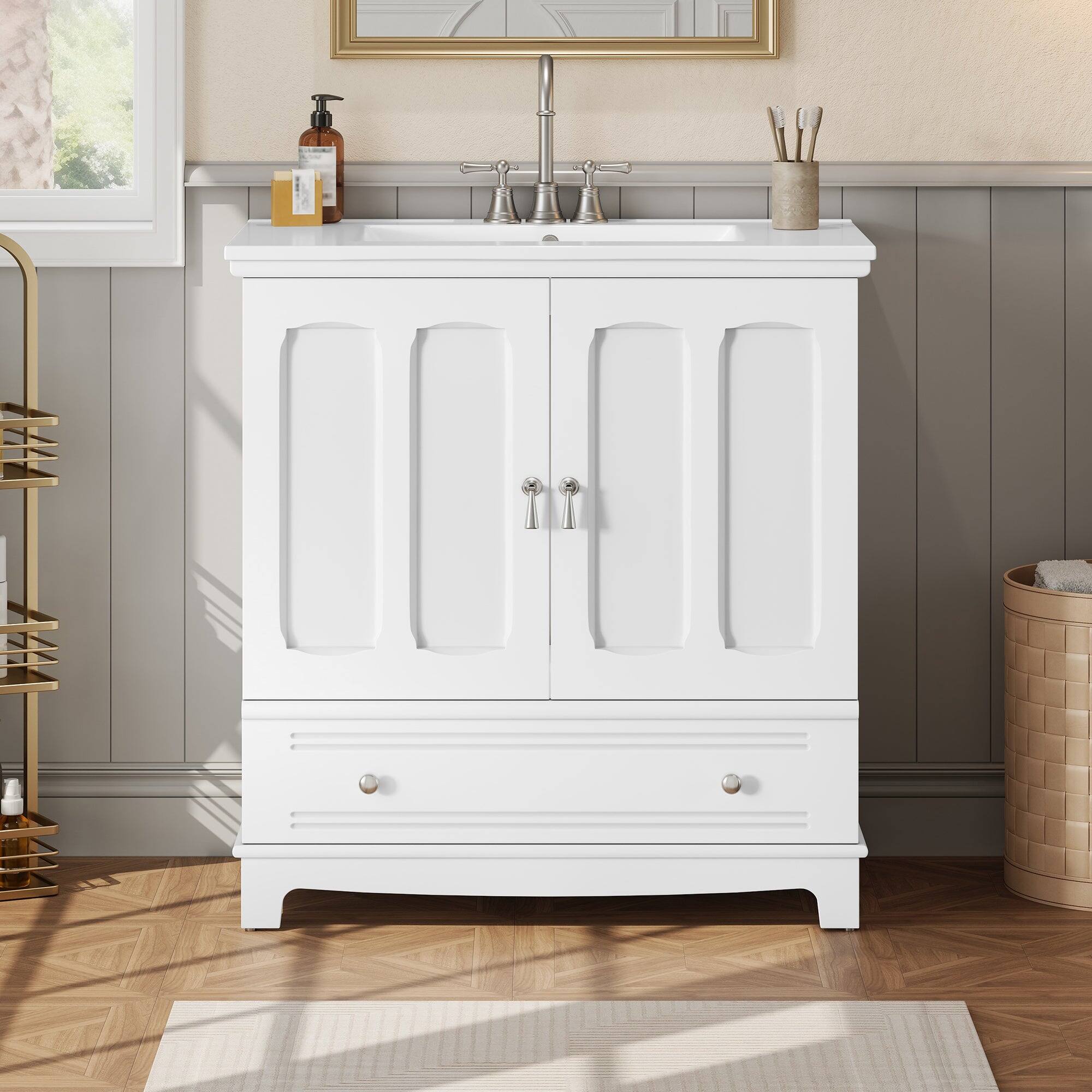 Alt View 4. Boyel Living - 30 Inch Bathroom Vanity with Ceramic Sink and Adjustable Shelf White - White.