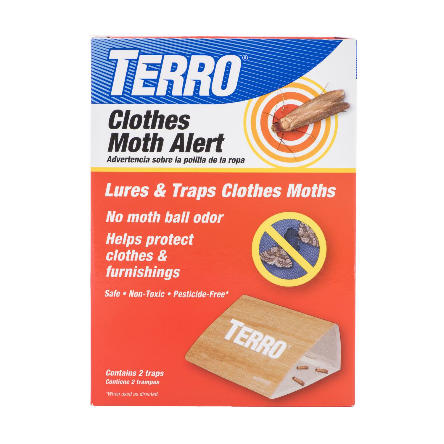 TERRO Clothes Moth Alert  
Advertencia sobre la polilla de la ropa  
Lures & Traps Clothes Moths  
No moth ball odor  
Helps protect clothes & furnishings  
Safe • Non-Toxic • Pesticide-Free*  
TERRO'  
Contains 2 traps  
Contiene 2 trampas  
*When used as directed