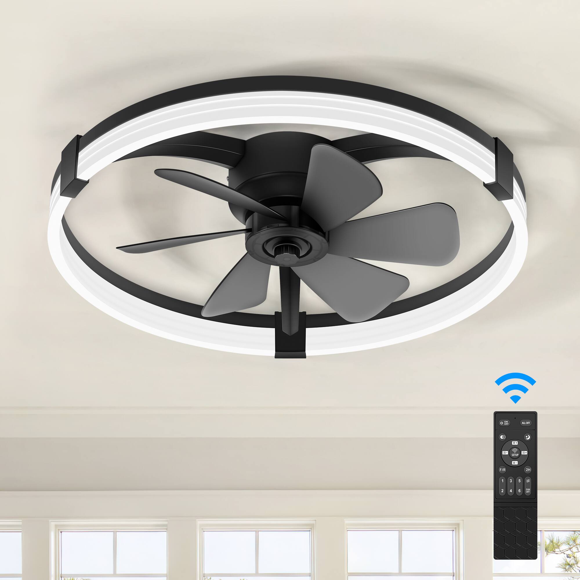 Left. Breezary - 23-Inch Flush Mount Detachable Enclosed Ceiling Fan - LED Ring Light, Remote, 6 Speeds, Dimmable & Reversible DC Motor - Black and Slate Blue.