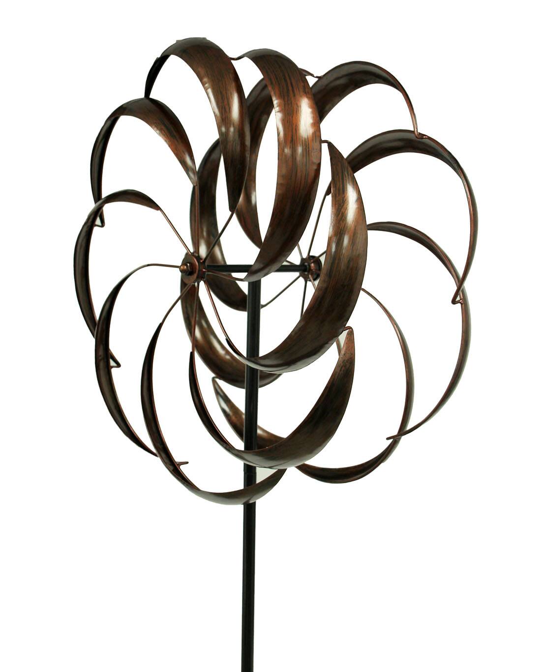 Alt View 1. Upper Deck - Antique Copper Finish Metal Art Dual Flower Wind Spinner Garden Stake - Brown.