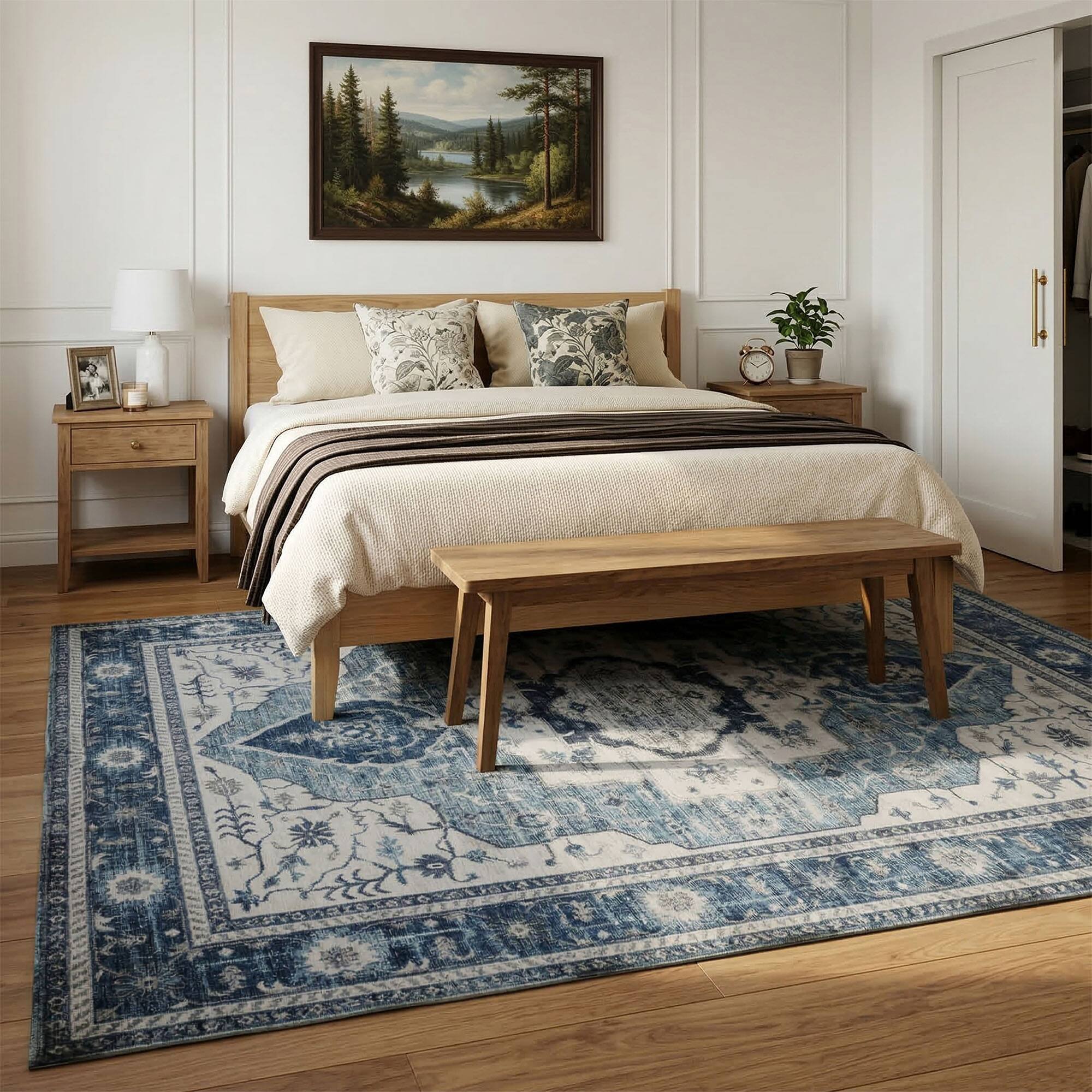 Back. RYHNUYNE - 5x7 Area Rugs Living Room Rug, Washable Vintage Medallion Rug, Soft Carpet for Dining Room Bedroom Home Office(Blue) - Blue.