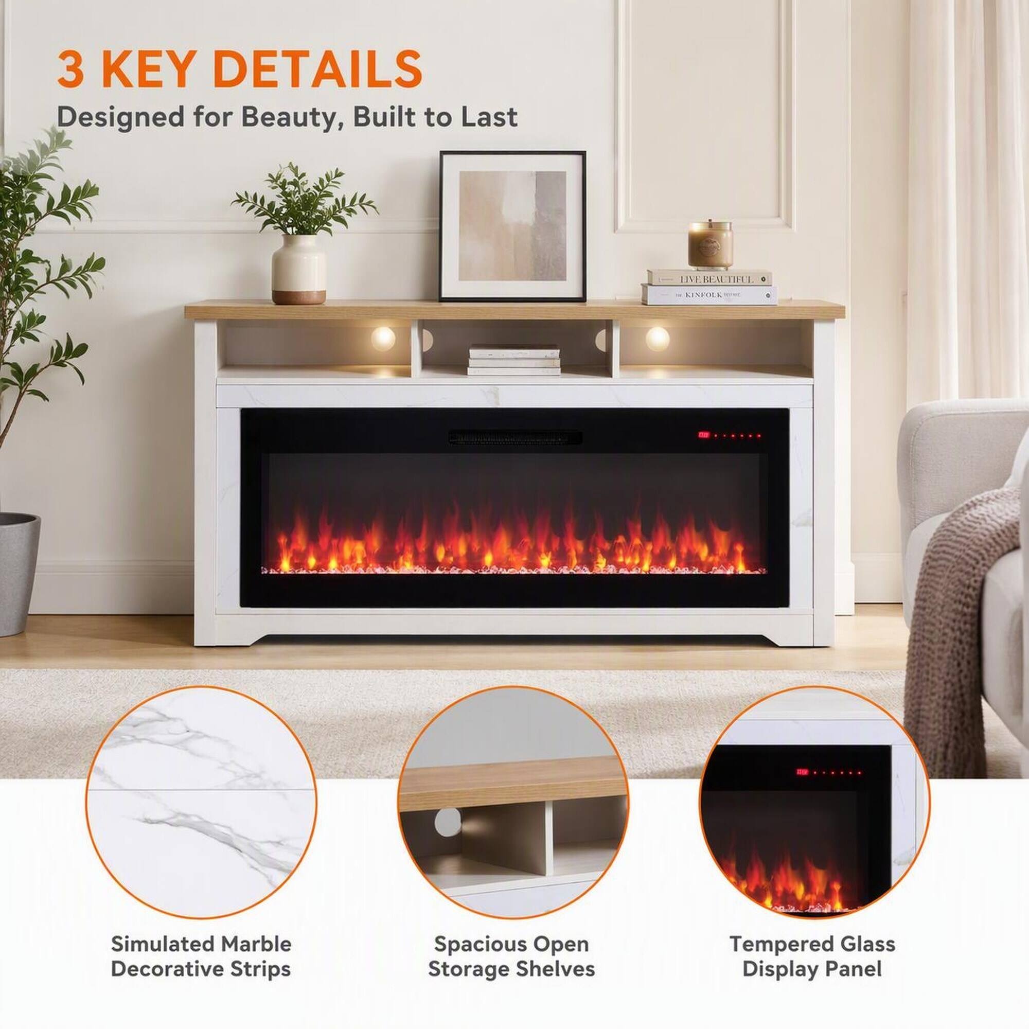 3 KEY DETAILS  
Designed for Beauty, Built to Last

LIVE.BEAUTIFUL  
KINFOLK

Simulated Marble Decorative Strips  
Spacious Open Storage Shelves  
Tempered Glass Display Panel