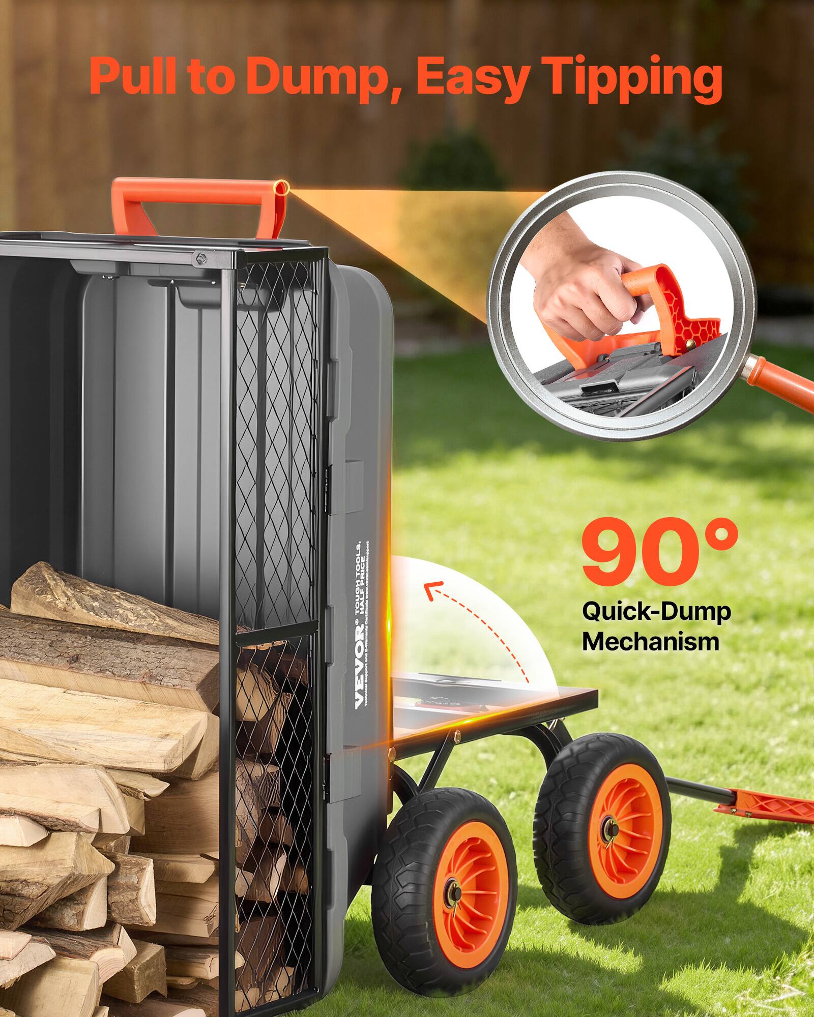 Pull to Dump, Easy Tipping  
90° Quick-Dump Mechanism