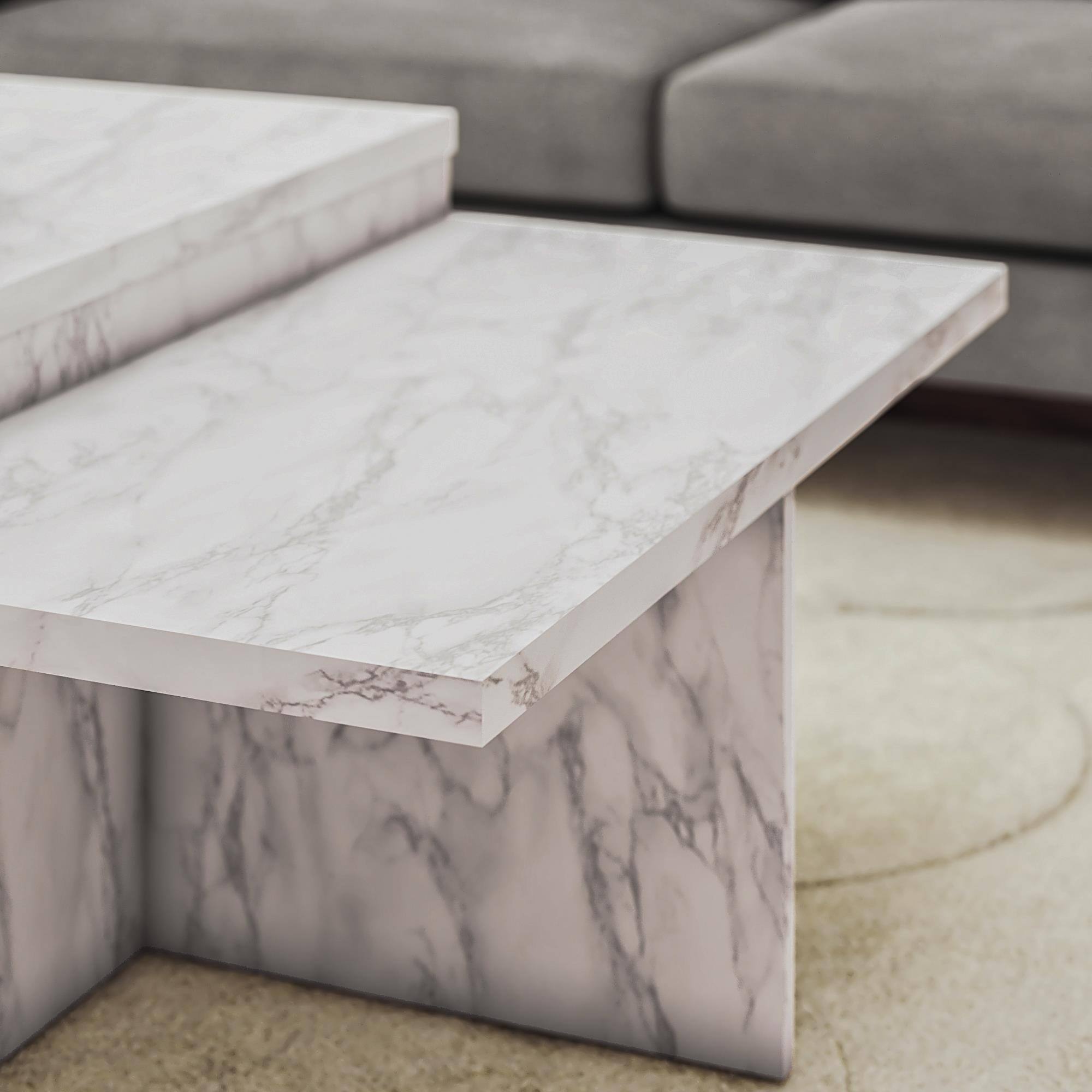 Left. Aukfa - Two-Tiered Coffee Table - White Faux Marble, Engineered Wood, 20lb per Tier, 35.5"W x 35.3"D - White.