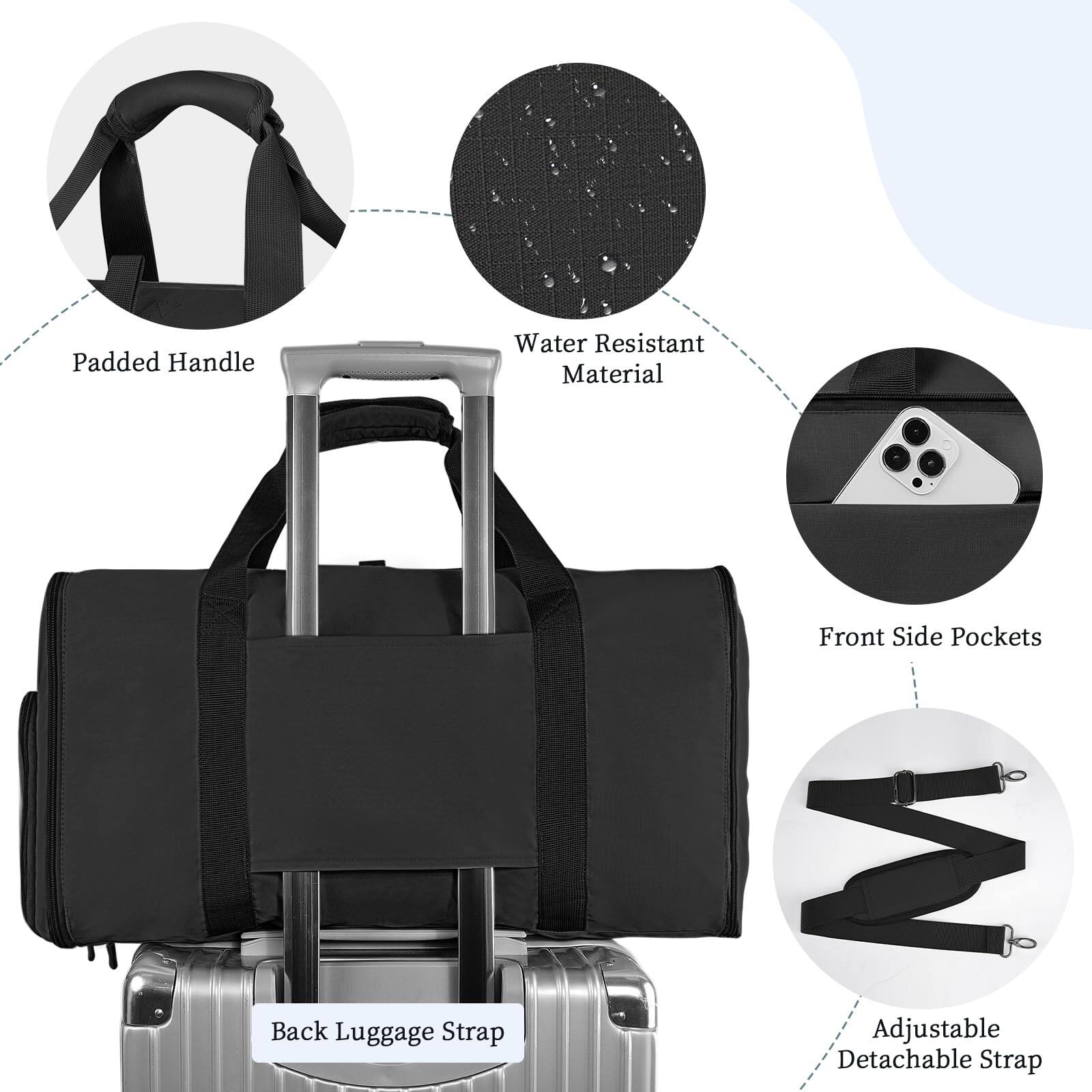 - Padded Handle
- Water Resistant Material
- Front Side Pockets
- Back Luggage Strap
- Adjustable Detachable Strap