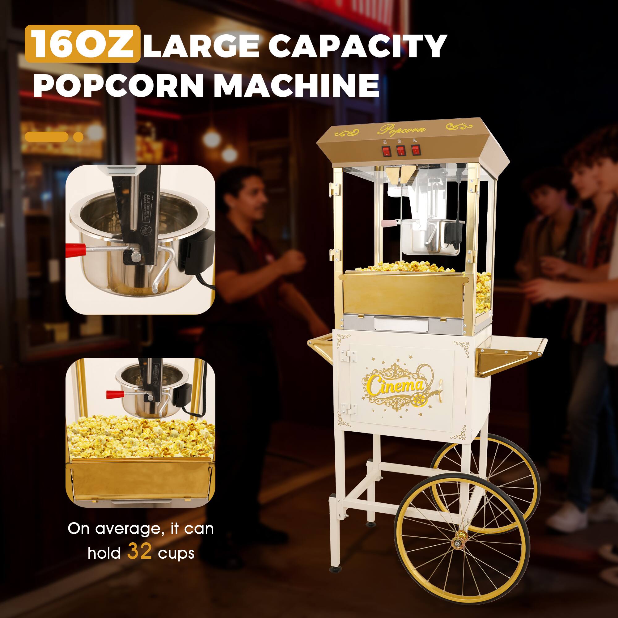 16OZ LARGE CAPACITY POPCORN MACHINE

On average, it can hold 32 cups