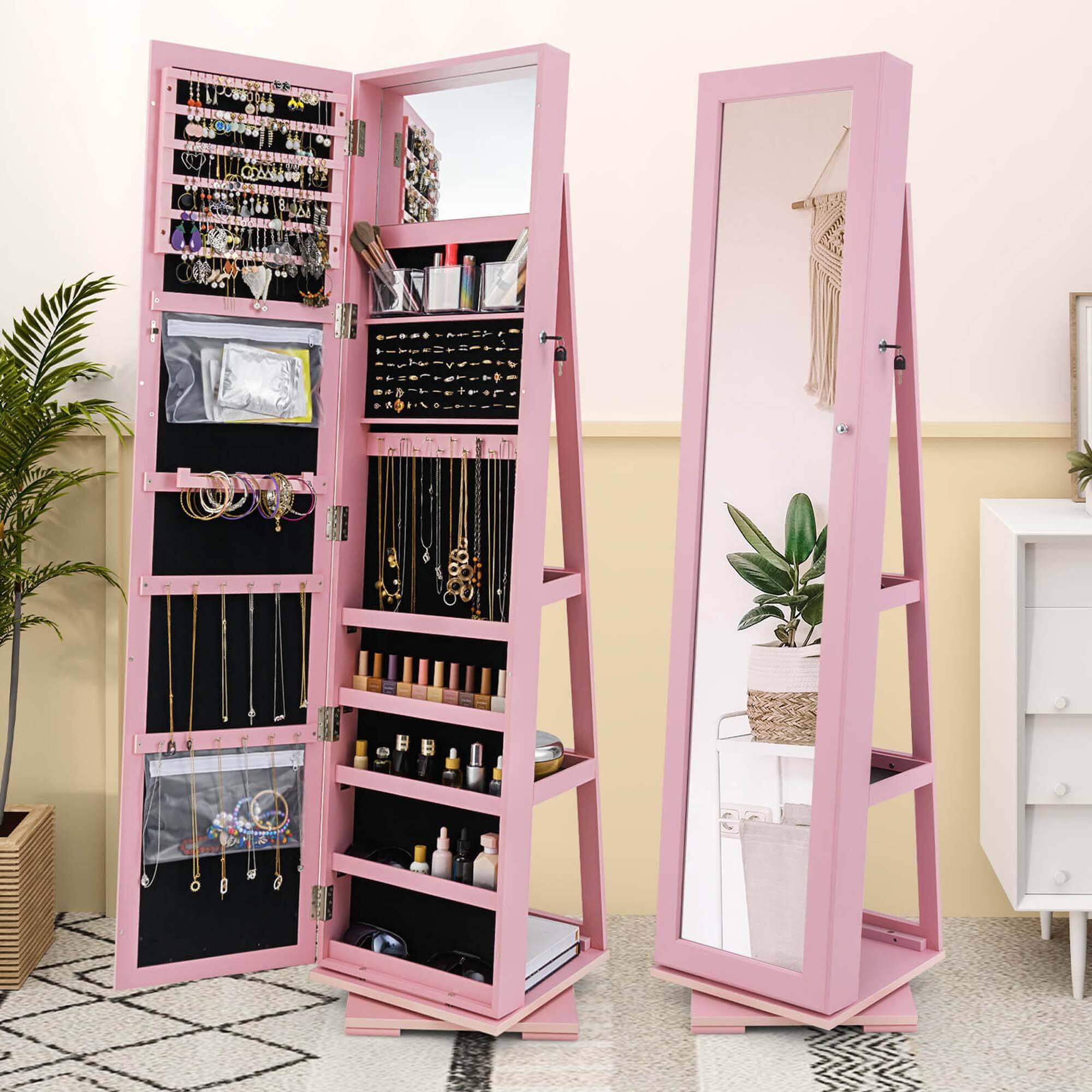 Alt View 1. Costway - Costway 360° Rotatable Jewelry Cabinet Armoire 2-in-1 Lockable Mirrored - Pink.