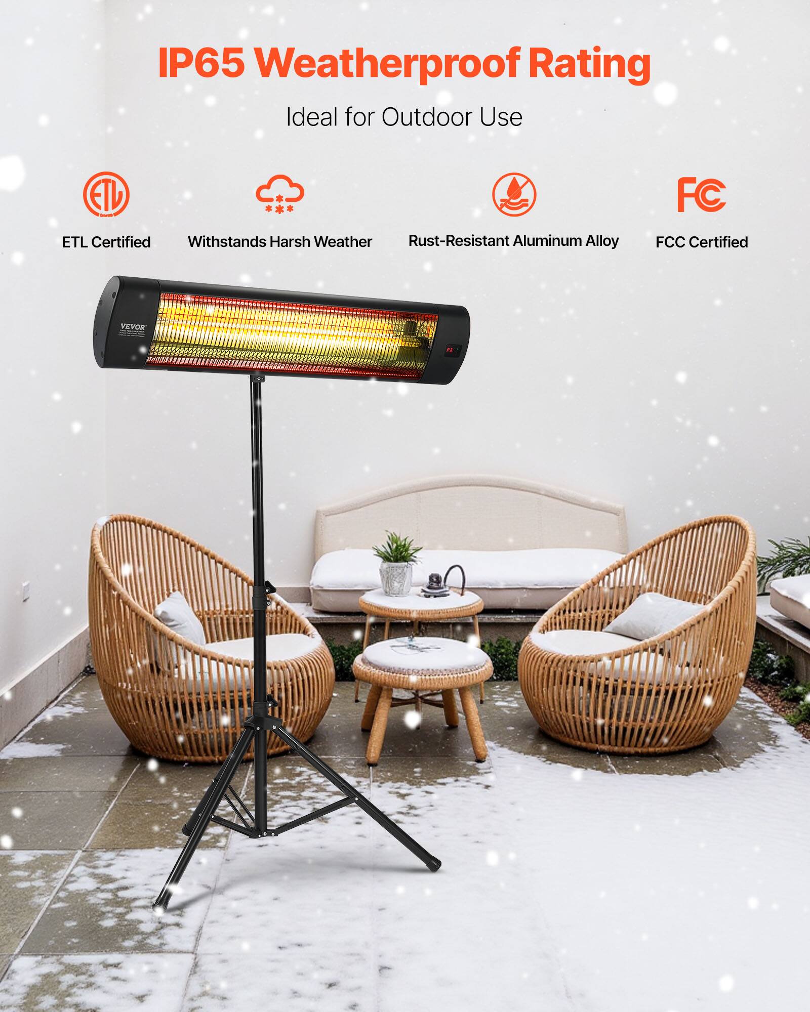 IP65 Weatherproof Rating  
Ideal for Outdoor Use  

ETL Certified  
Withstands Harsh Weather  
Rust-Resistant Aluminum Alloy  
FCC Certified  

VEVOR