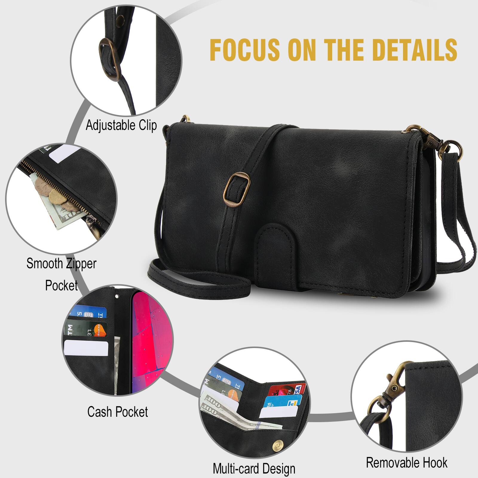 FOCUS ON THE DETAILS

Adjustable Clip
Smooth Zipper Pocket
Cash Pocket
Multi-card Design
Removable Hook