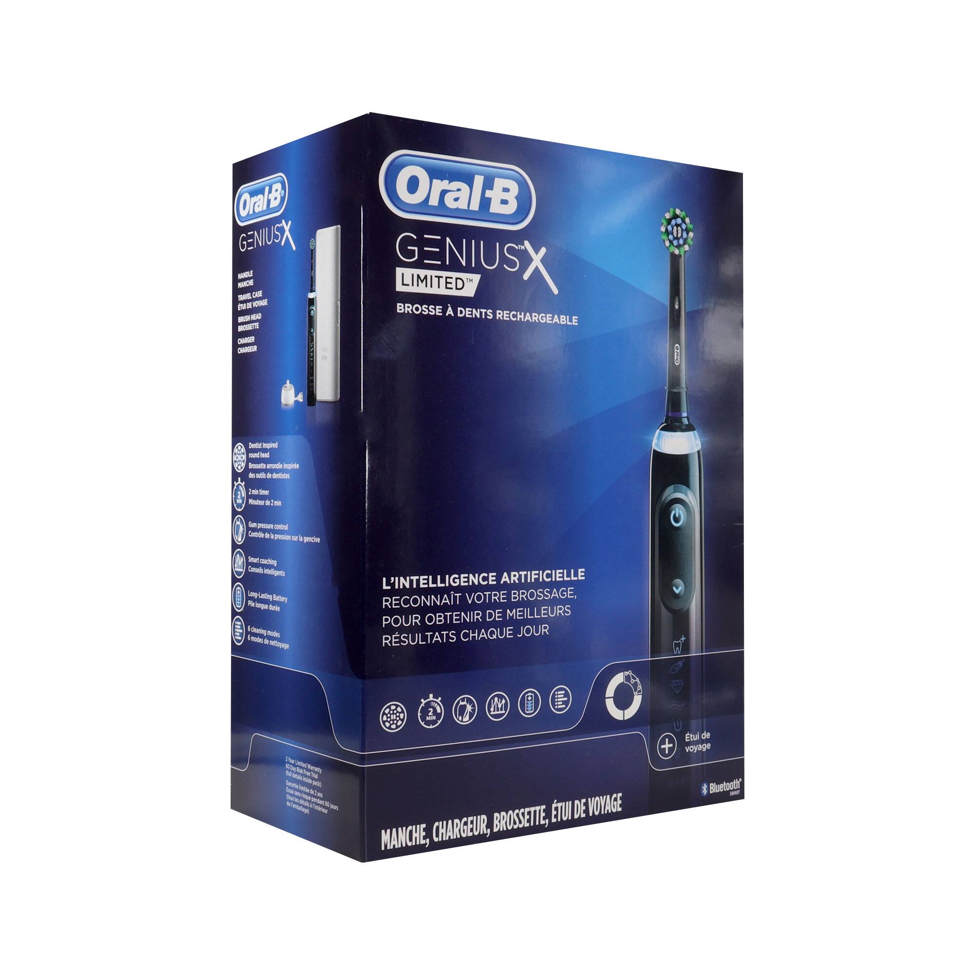 Oral-B GENIUSX LIMITED BROSSE À DENTS RECHARGEABLE

L'INTELLIGENCE ARTIFICIELLE RECONNAÎT VOTRE BROSSAGE, OBTENIR DE MEILLEURS RÉSULTATS CHAQUE JOUR

Etu de voyage, CHARGEUR, BROSSETTE, MANCHE, 8 BRUSTOET