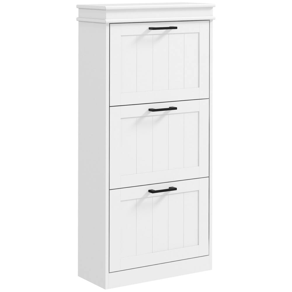 Front. Loheer - Loheer narrow entryway shoe cabinet, Three Flip Drawers, Holds Fifteen Pairs, White - White.