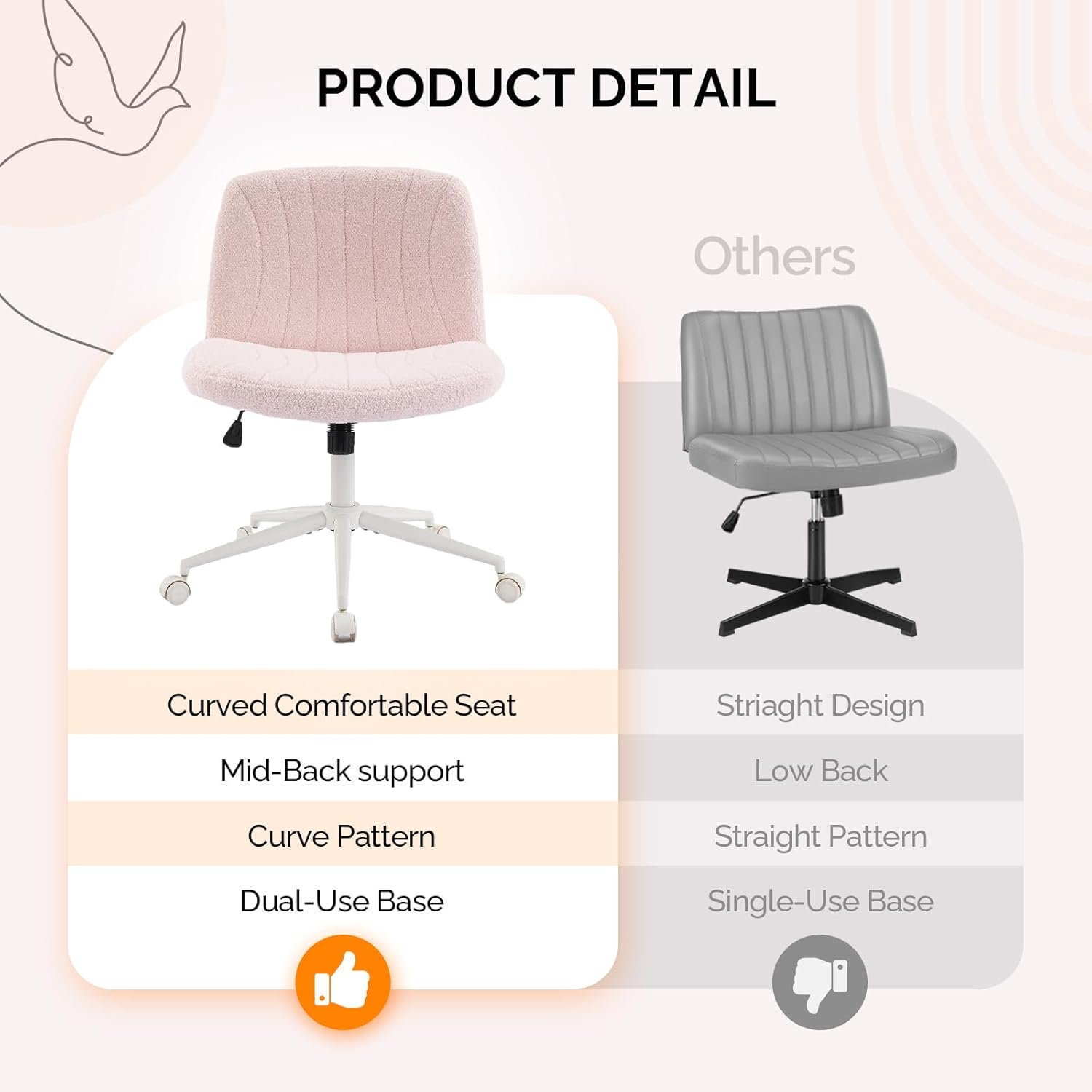 PRODUCT DETAIL

Others

Curved Comfortable Seat
Mid-Back support
Curve Pattern
Dual-Use Base

Straight Design
Low Back
Straight Pattern
Single-Use Base