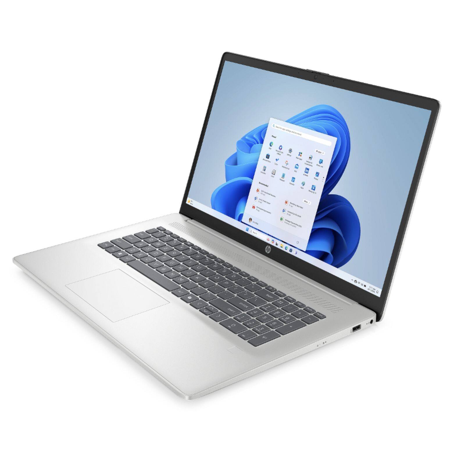 Left. HP - HP 17 BE6J9UA#ABA  Laptop, Ultra 7-255U, 16GB, 256GB SSD, 17.3" FHD (1920x1080), Intel Graphics, Win 11 Home S-Mode - Natural Silver.