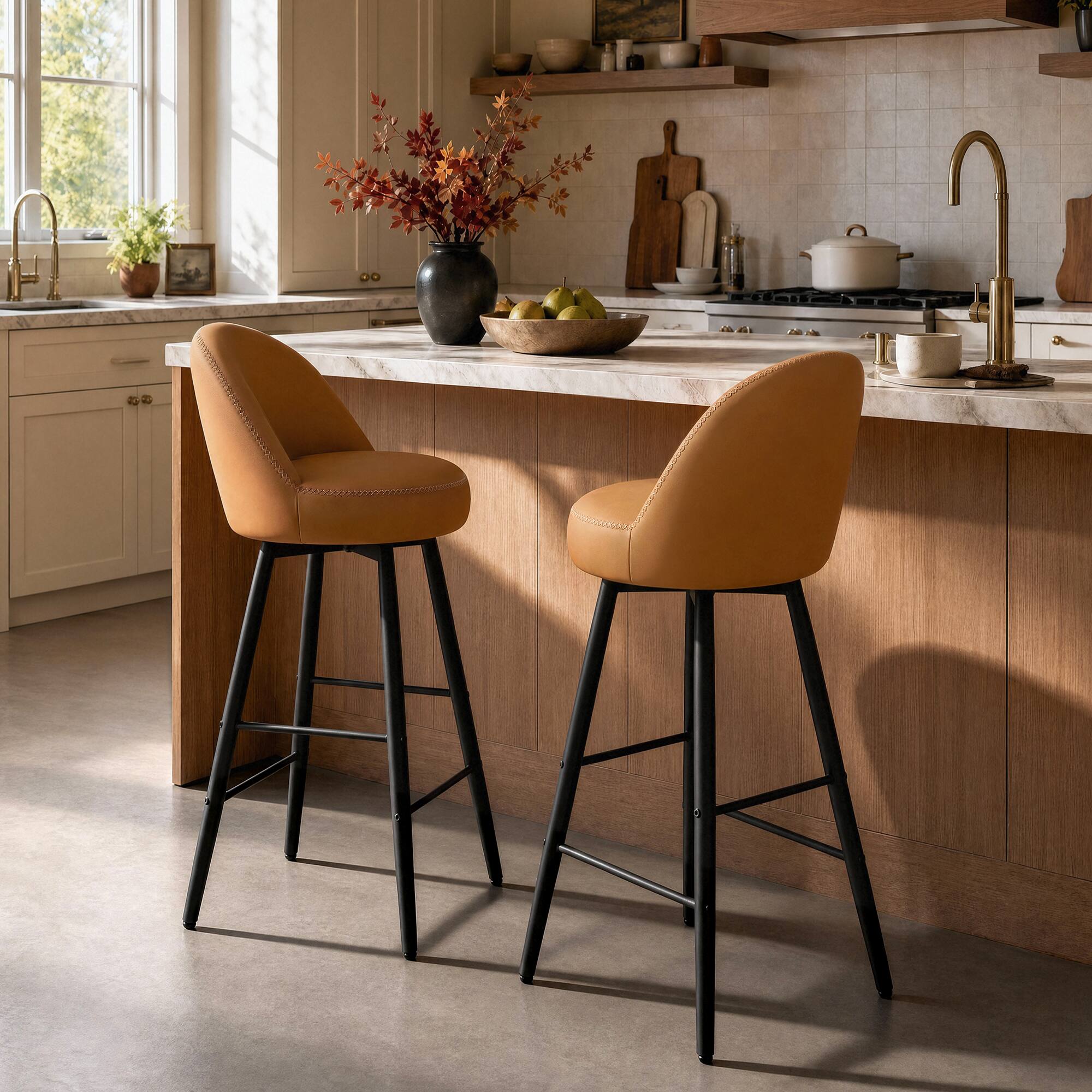 Front. ModernMate - Brenno 40.55"/36.6" Cognac Swivel Bar Stools with High Back and Metal Frame Counter Stools for Kitchen Island (Set of 2) - Cognac.