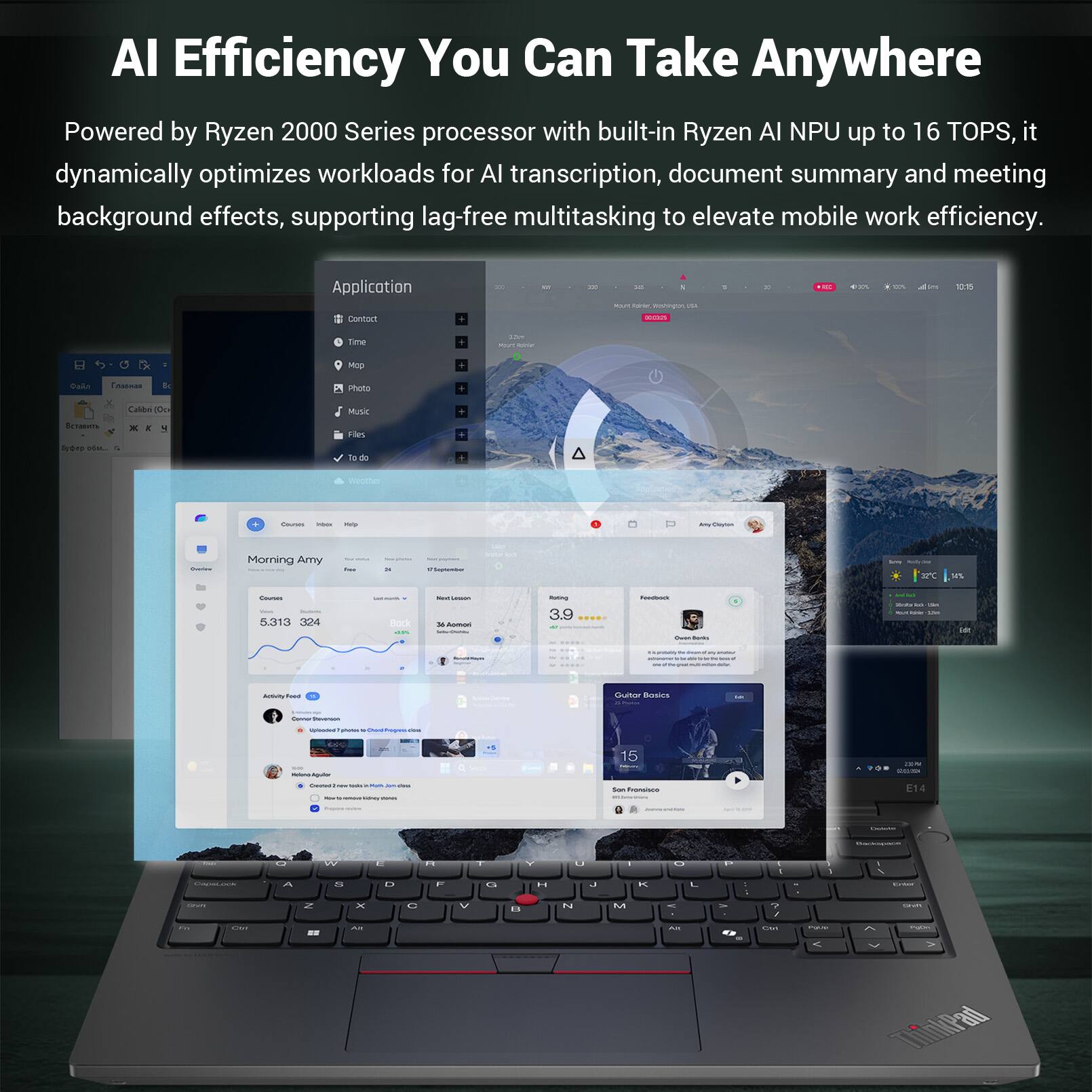AI Efficiency You Can Take Anywhere

Powered by Ryzen 2000 Series processor with built-in Ryzen AI NPU up to 16 TOPS, it dynamically optimizes workloads for AI transcription, document summary and meeting background effects, supporting lag-free multitasking to elevate mobile work efficiency.