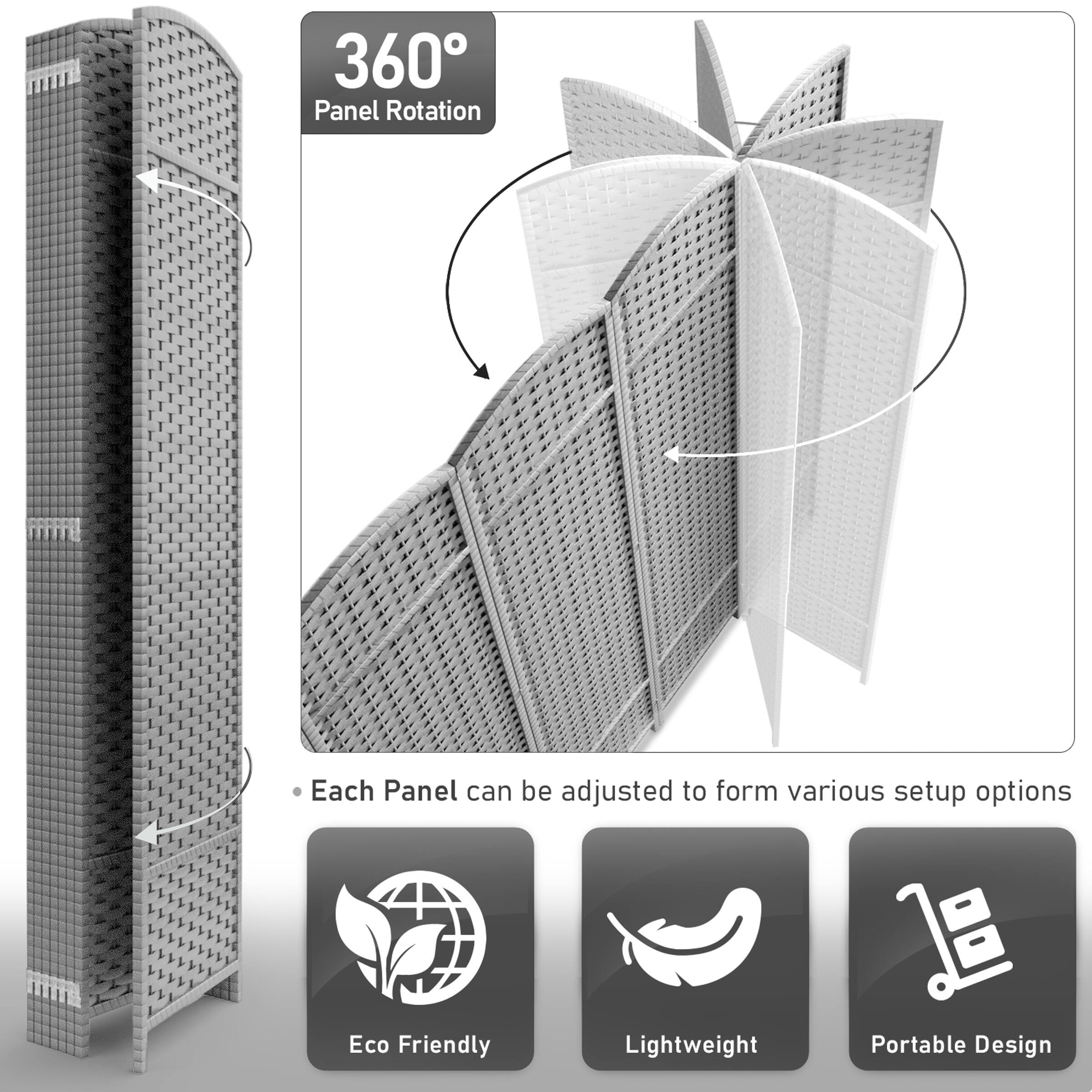 360° Panel Rotation  
Each Panel can be adjusted to form various setup options  

Eco Friendly  
Lightweight  
Portable Design