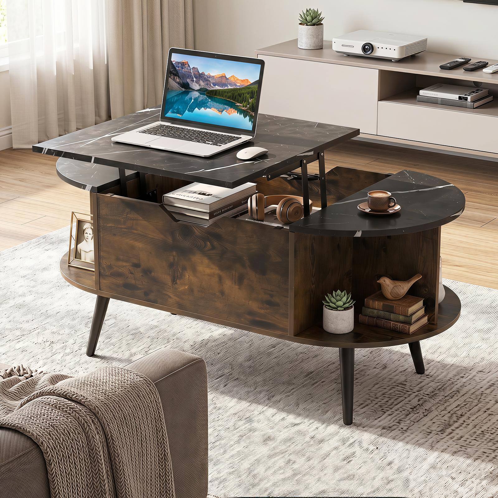 Alt View 3. Costway - Costway Faux Marble Lift Top Coffee Table with Hidden Compartment, Shelves for Living Room - Black & Rustic Brown.