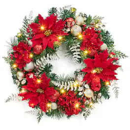 Acekool - 24 Inch Christmas Wreath with Lights Pre-Lit Xmas Wreath for Front Door Windows Wall Mantel Decoration and Gold - Red
