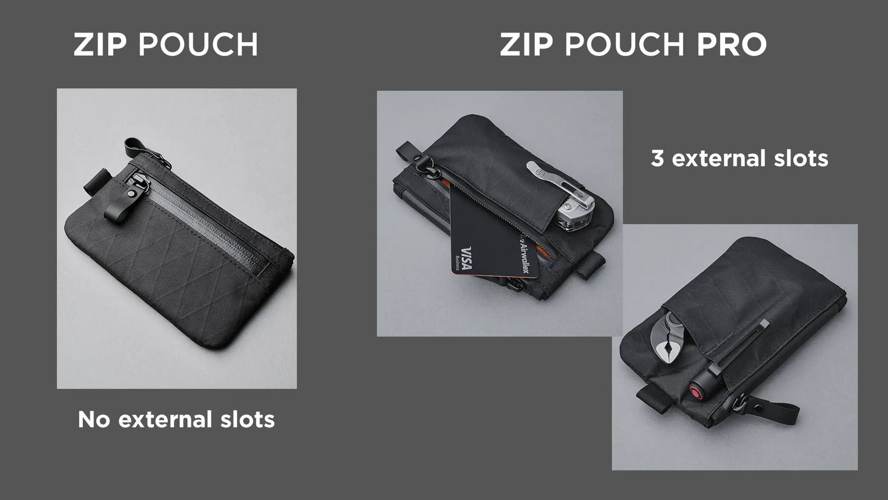 ZIP POUCH  
No external slots  

ZIP POUCH PRO  
3 external slots