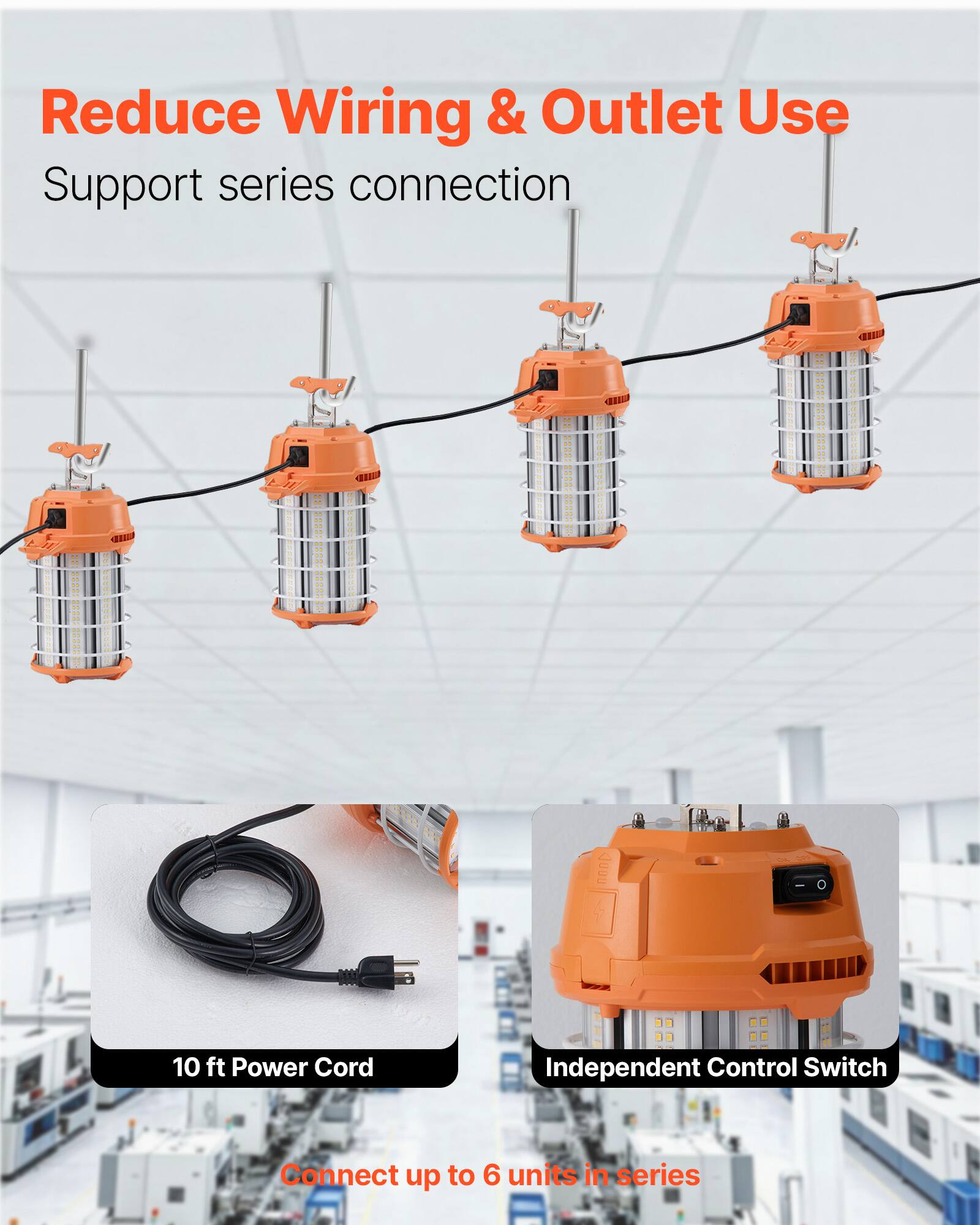 Reduce Wiring & Outlet Use  
Support series connection  

10 ft Power Cord  
Independent Control Switch  

Connect up to 6 units in series