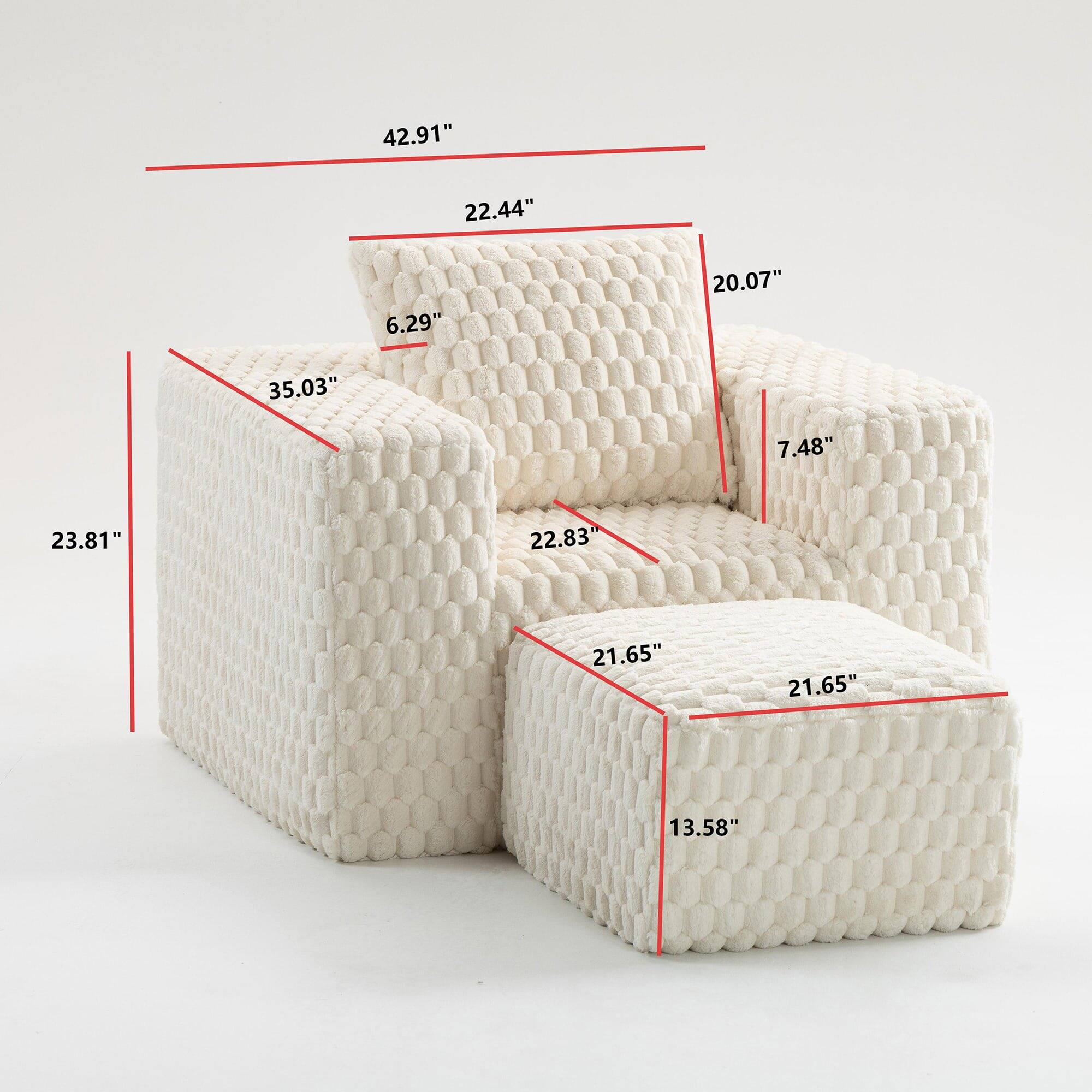 Width: 42.91"
Depth: 22.44"
Height: 20.07"
Seat Depth: 6.29"
Seat Width: 35.03"
Arm Height: 7.48"
Overall Height: 23.81"
Seat Height: 22.83"
Seat Depth: 21.65"
Seat Width: 21.65"
Foot Height: 13.58"