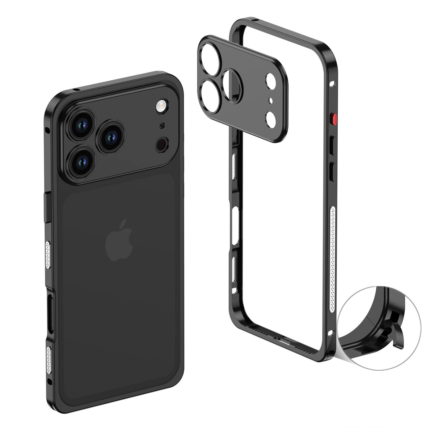 The image shows a black phone case designed for an iPhone with a triple-camera setup. The case features cutouts for the camera lenses, flash, and buttons. There is a red accent near the top of the case.